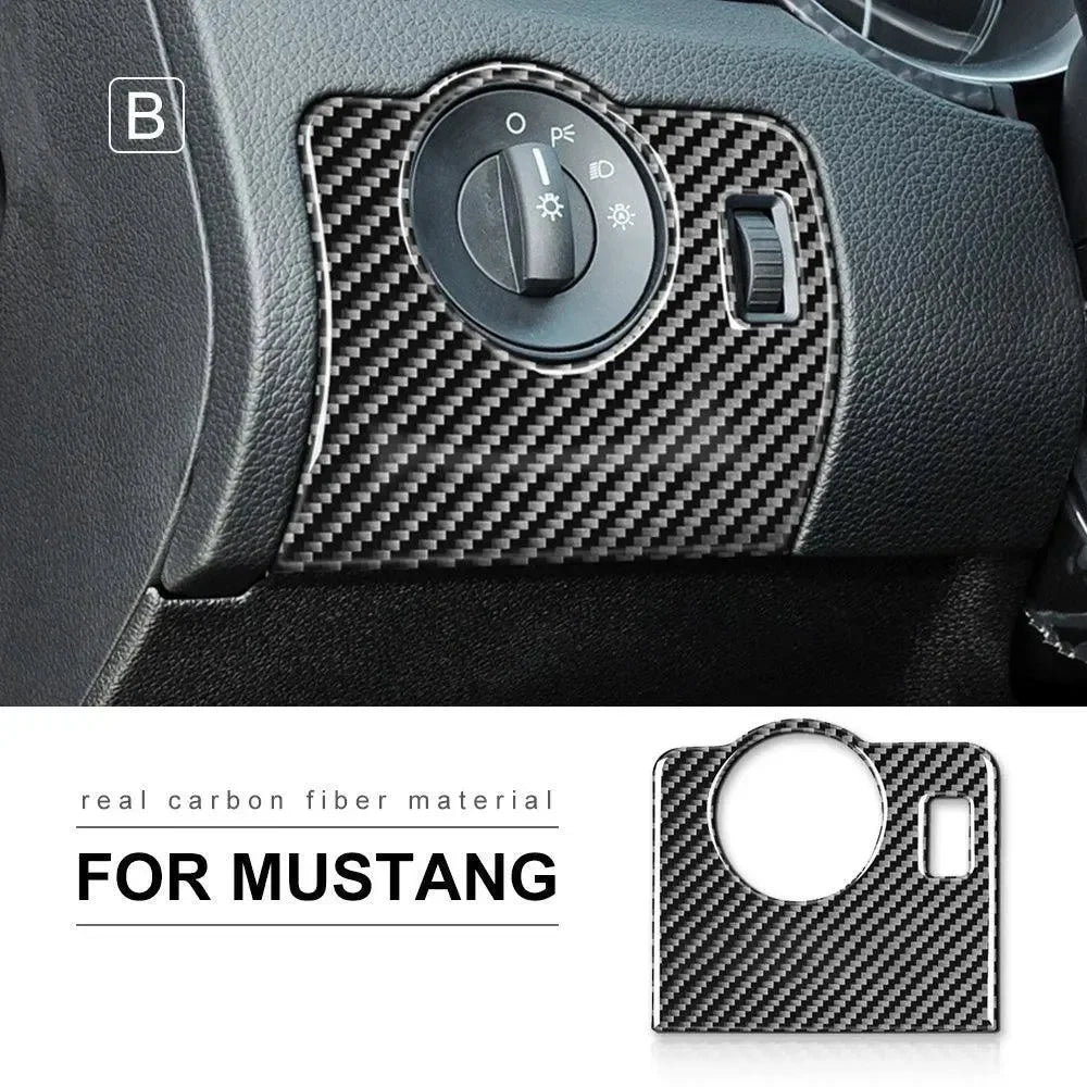 Real carbon fiber dashboard trim for Ford Mustang headlight controls
