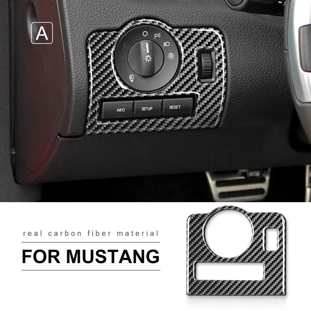 Real carbon fiber trim for Ford Mustang dashboard controls, enhancing interior style with sleek texture.