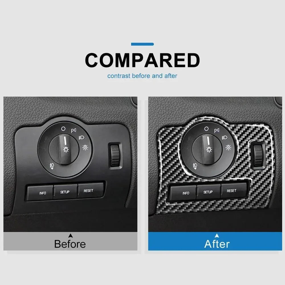 Carbon fiber interior trim upgrade for car dashboard controls, before and after comparison