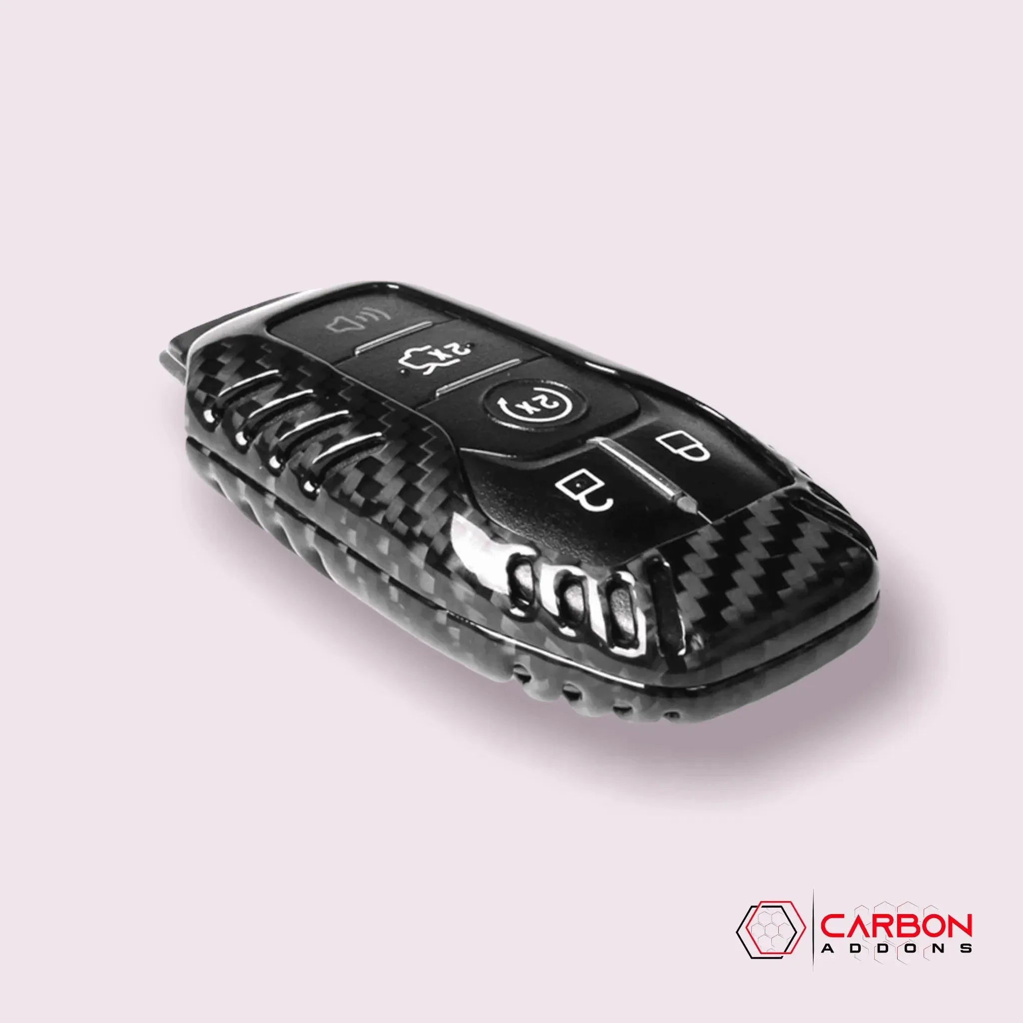 Real carbon fiber key fob cover for American vehicles, sleek black weave design with button access