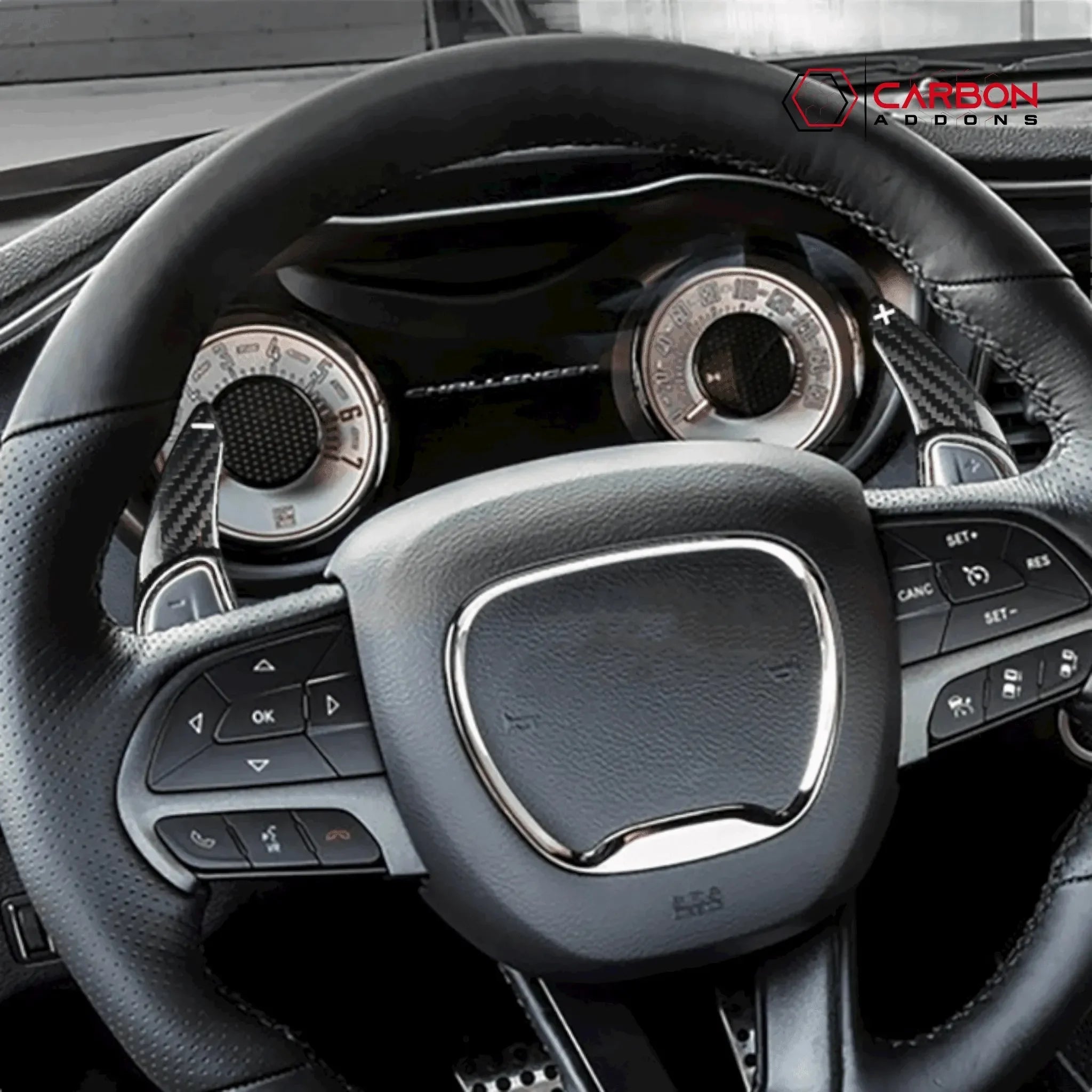 Dodge Challenger steering wheel with real carbon fiber paddle shifters and interior accents