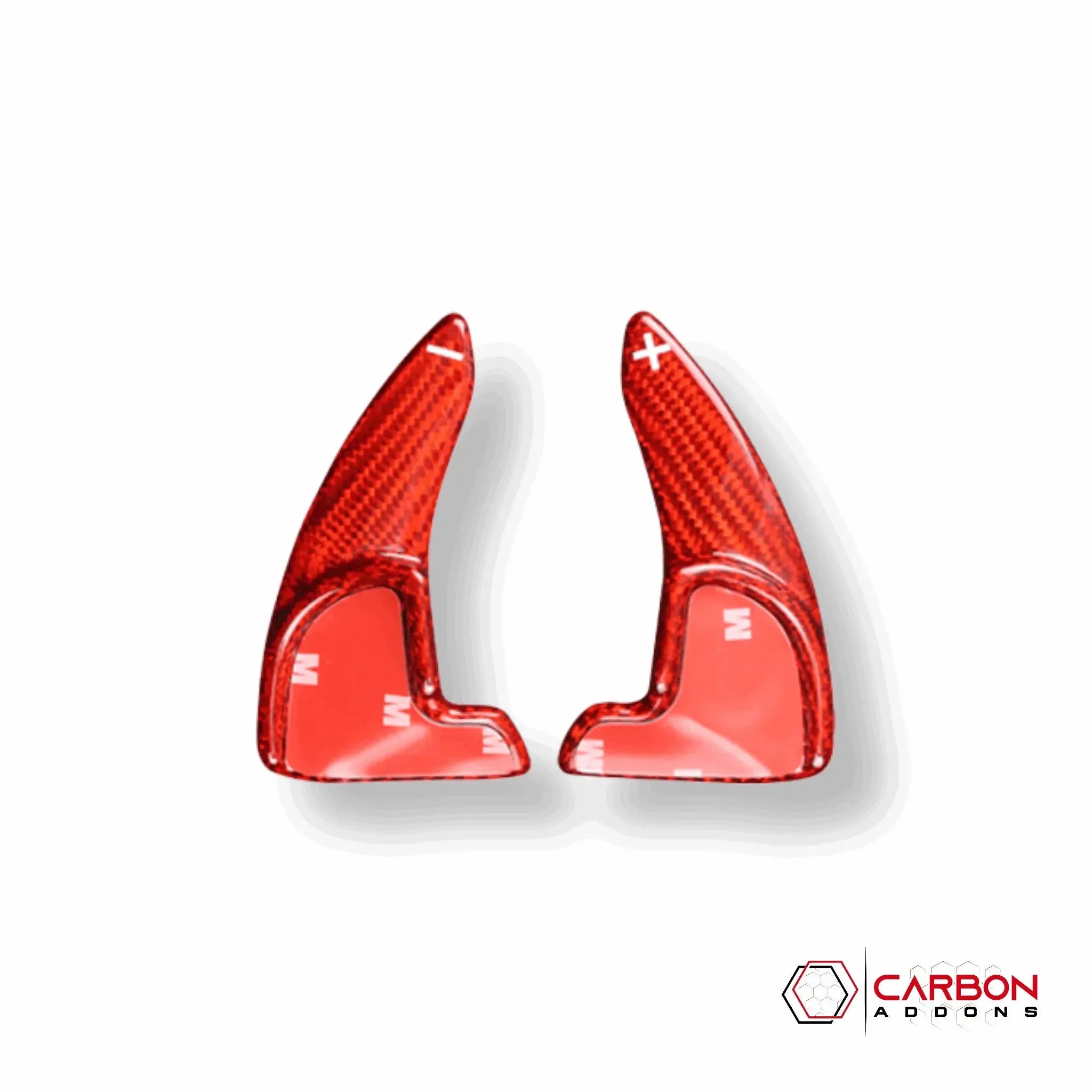 Red carbon fiber paddle shifters for American muscle cars, featuring + and - markings
