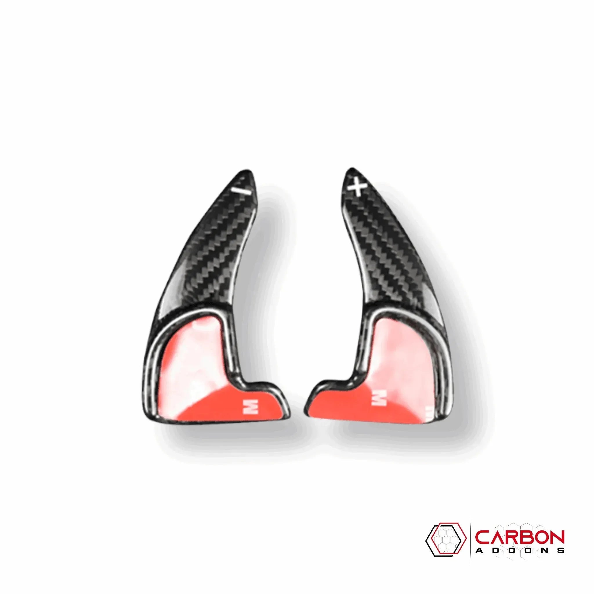 Real carbon fiber paddle shifters with red accents for Chevy Camaro, Corvette, Mustang, Challenger
