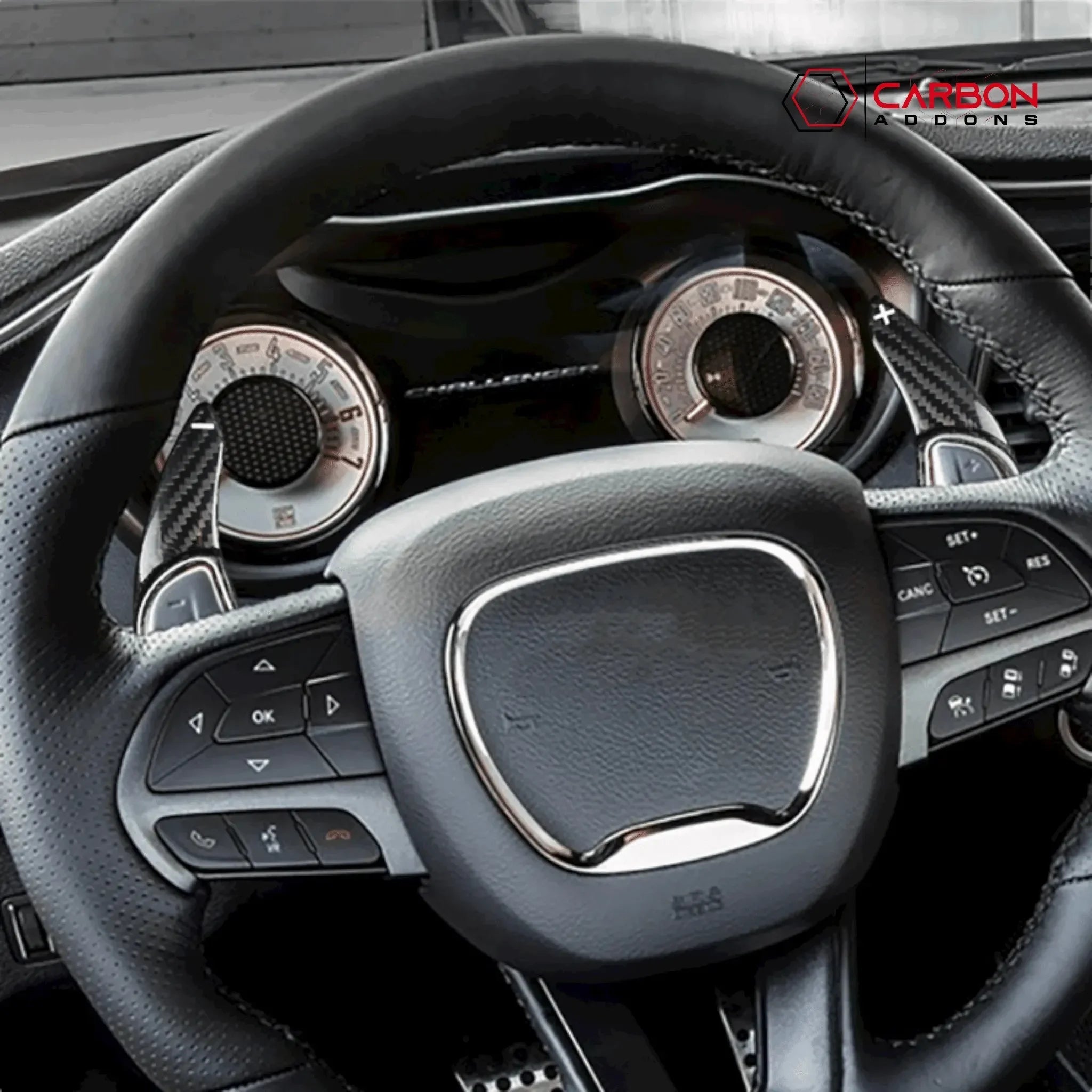 Dodge Challenger steering wheel with carbon fiber shift paddles and real carbon fiber interior accents