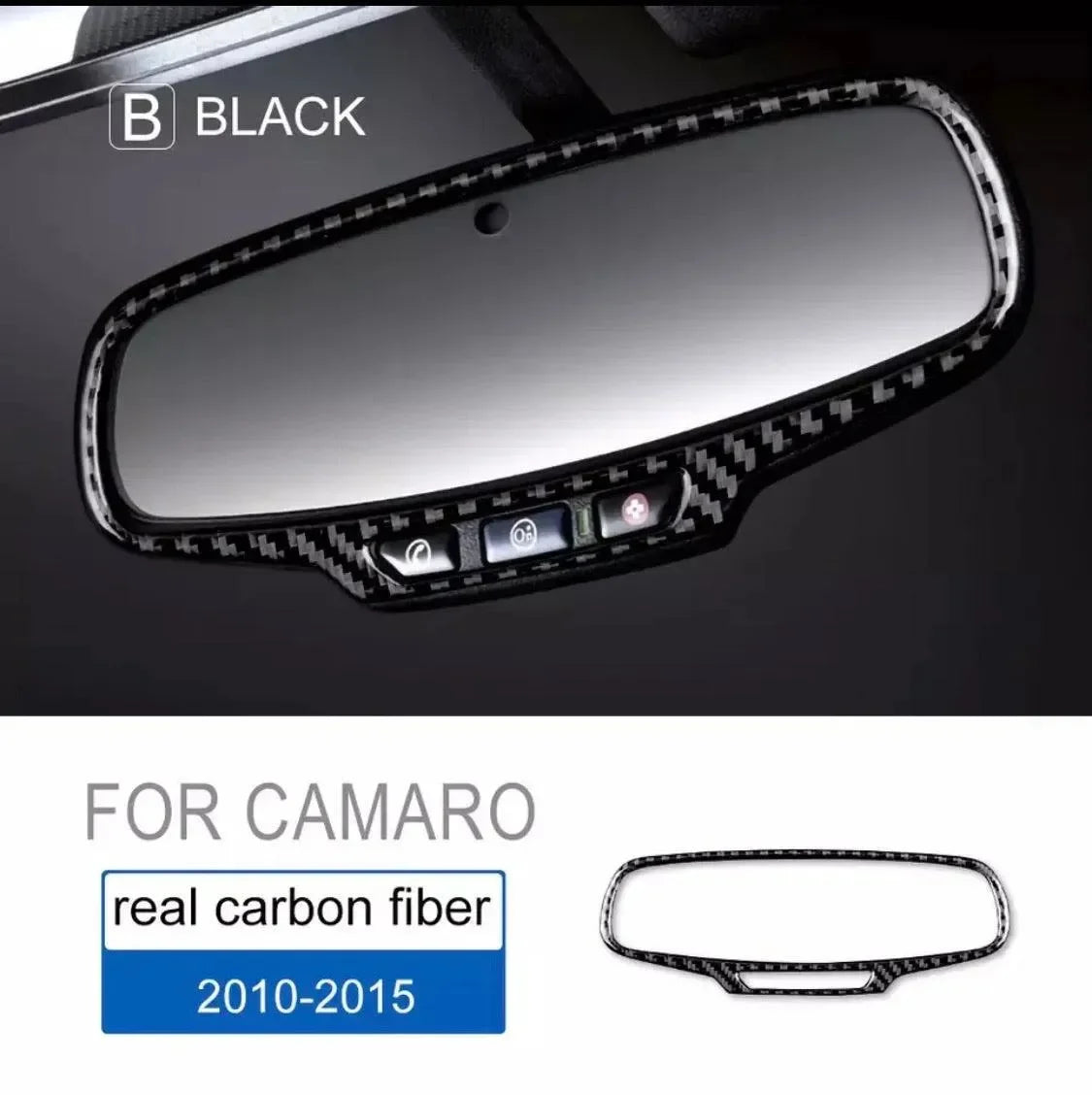 Real carbon fiber rearview mirror trim for 2010-2015 Camaro, sleek black design with buttons