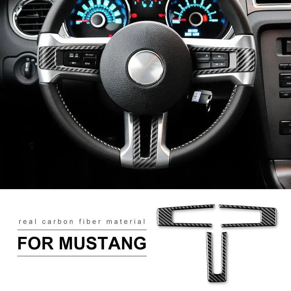 Real carbon fiber steering wheel trim for Ford Mustang, enhancing interior with sleek, durable accents.