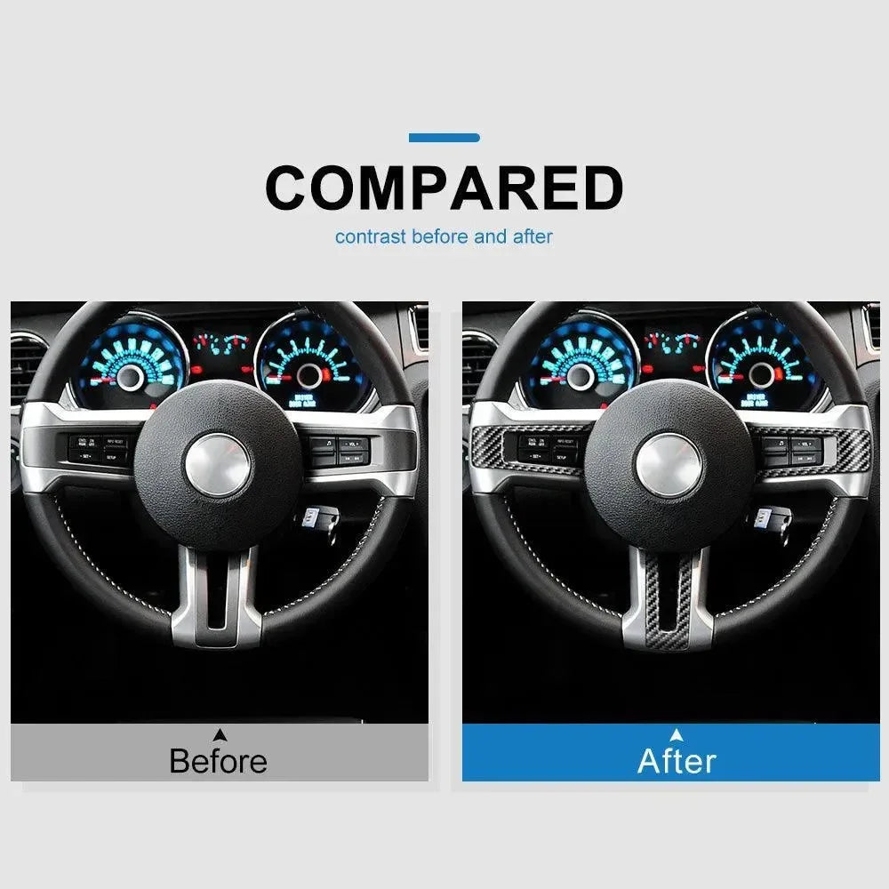 Carbon fiber steering wheel trim before and after upgrade for Chevy, Ford, Dodge vehicles