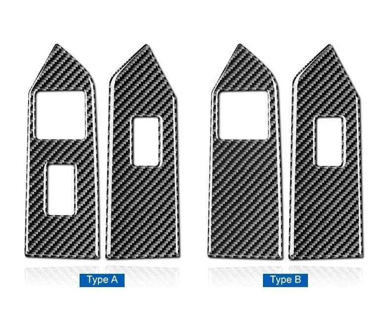 Carbon fiber switch trim covers for Chevy, Ford, Dodge vehicles — Type A and Type B designs