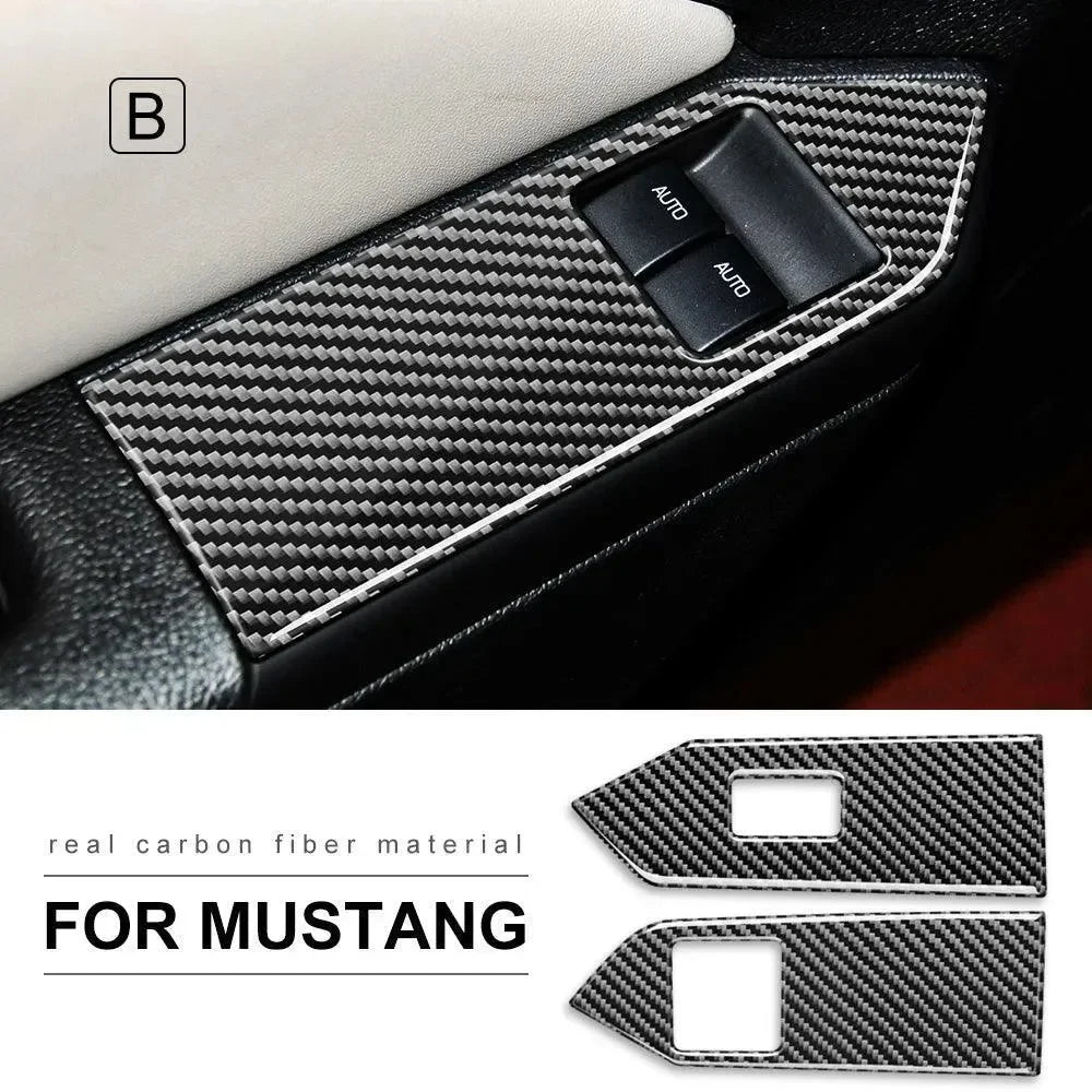 Real carbon fiber door panel trim for Ford Mustang interior upgrade with AUTO switches