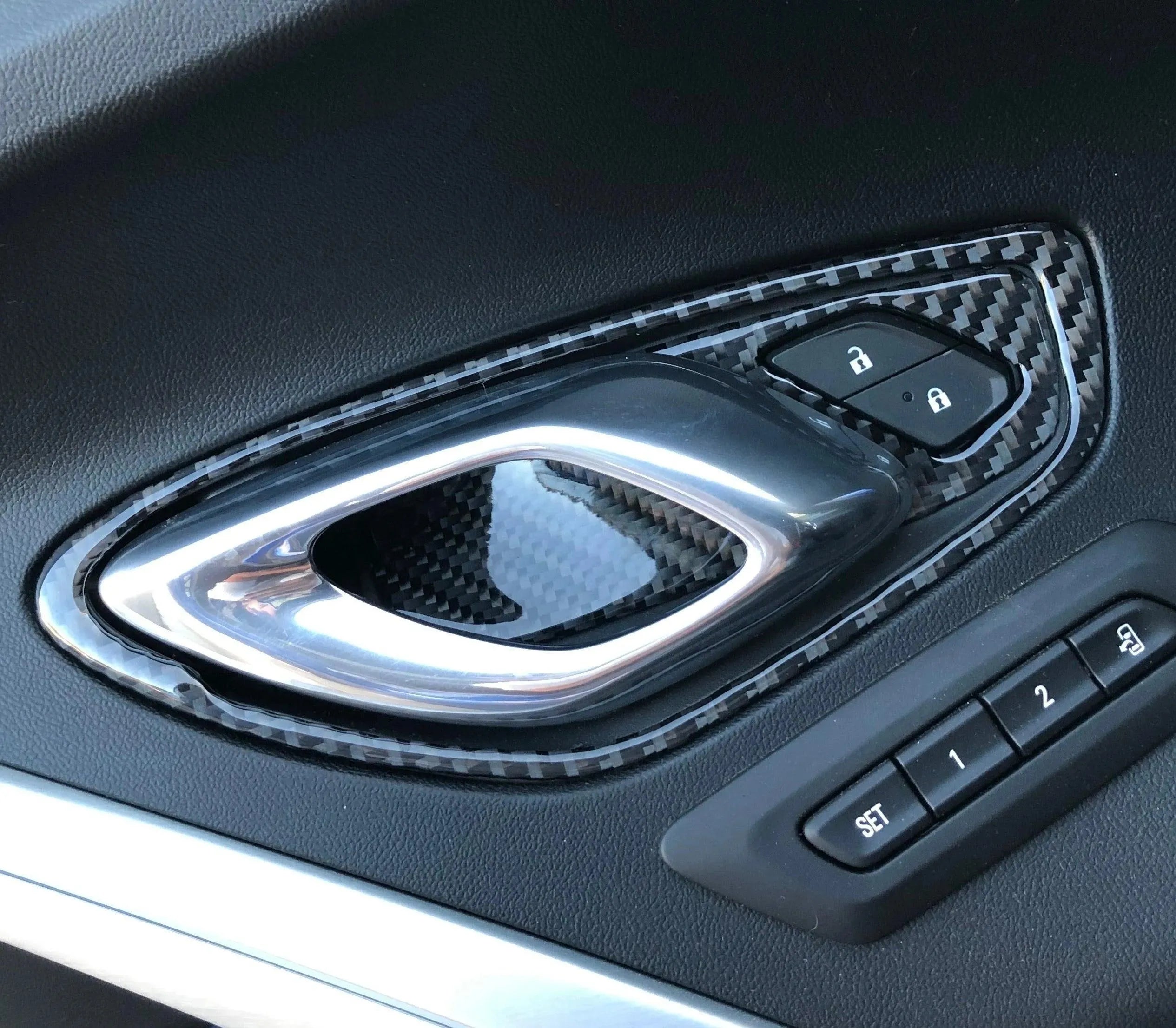 Chevrolet Camaro 2016-2024 Real Carbon Fiber Interior Door Handle Overlay - carbonaddons Carbon Fiber Parts, Accessories, Upgrades, Mods
