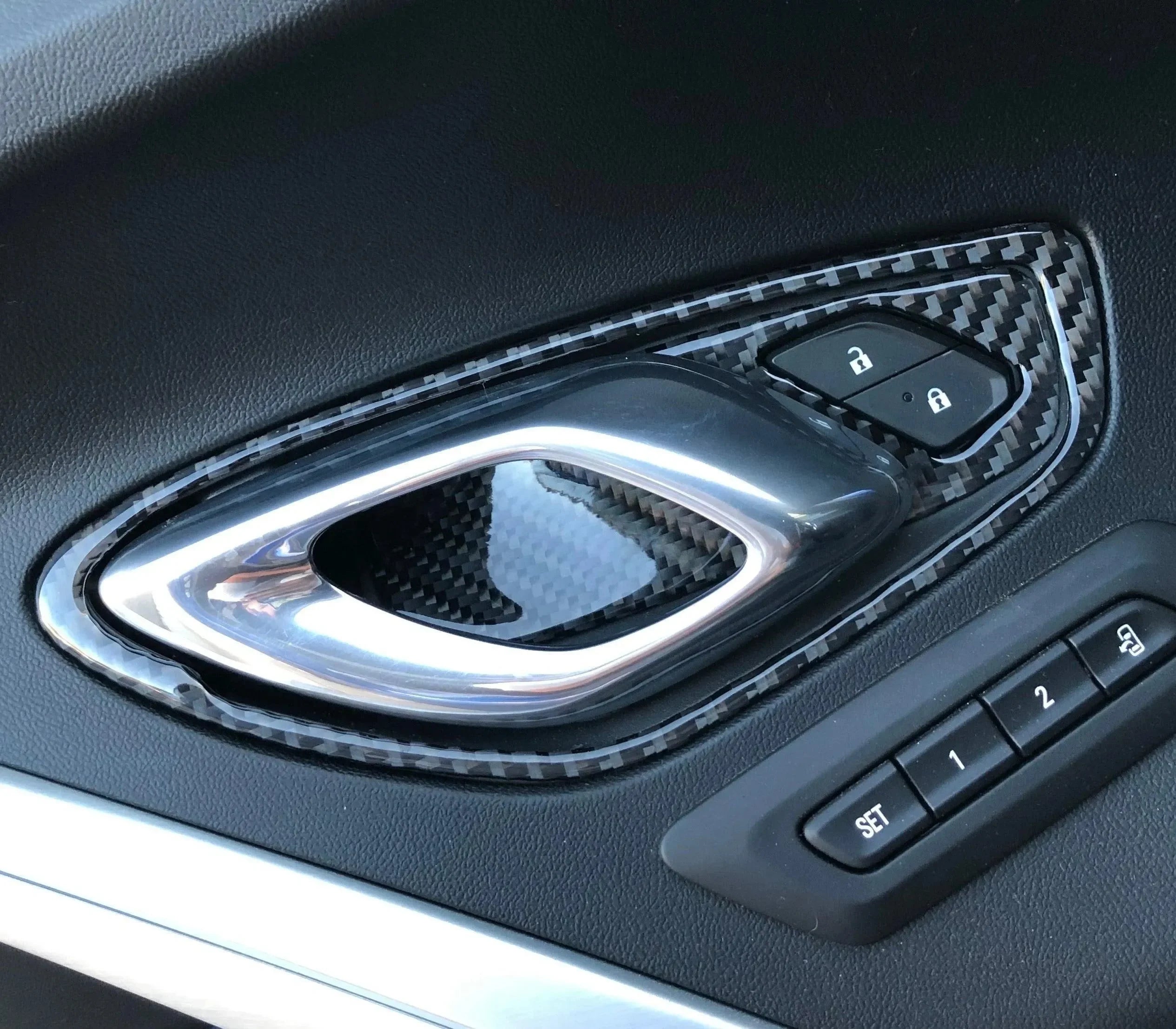 Chevrolet Camaro 2016-2024 Real Carbon Fiber Interior Door Handle Overlay - carbonaddons Carbon Fiber Parts, Accessories, Upgrades, Mods