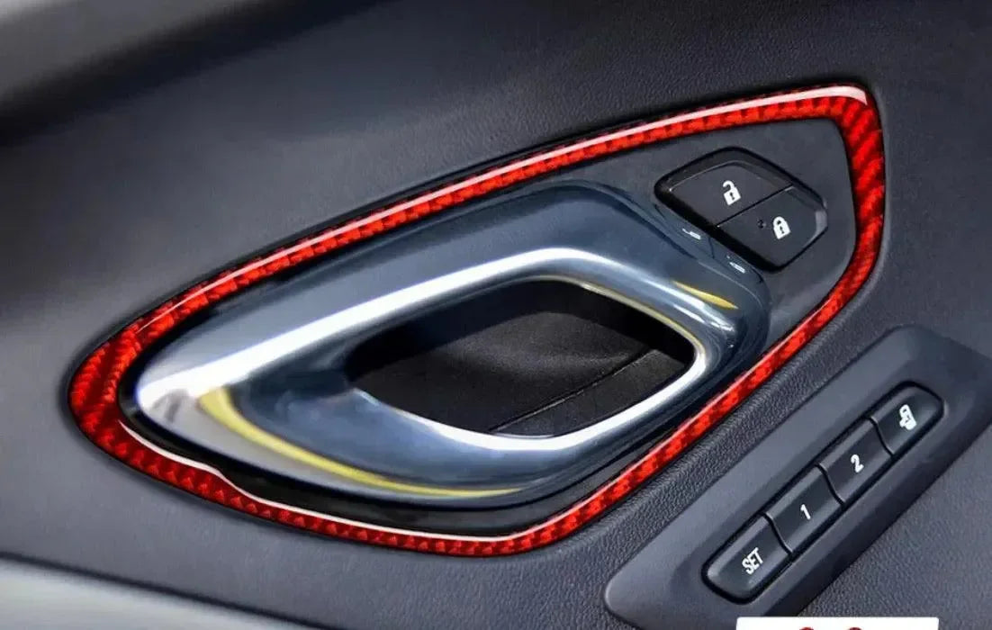 Red carbon fiber door handle trim for American muscle cars like Mustang, Camaro, Charger