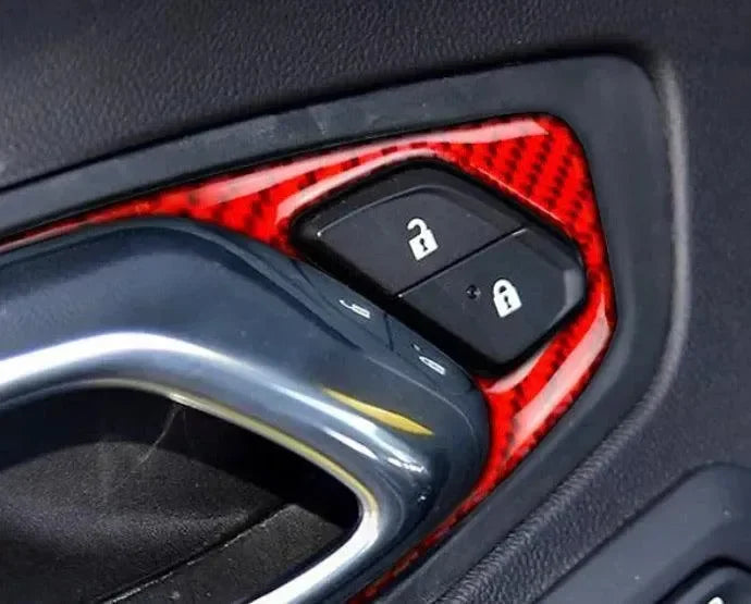 Red carbon fiber door panel trim with lock buttons for American vehicles