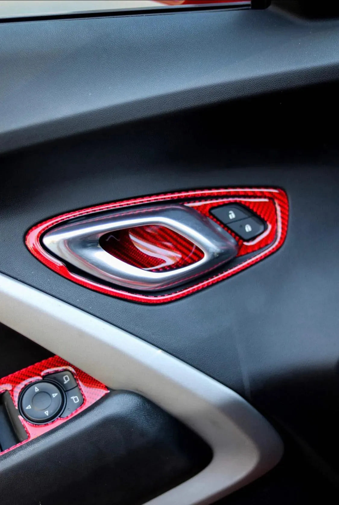 Chevrolet Camaro 2016-2024 Real Carbon Fiber Interior Door Handle Overlay - carbonaddons Carbon Fiber Parts, Accessories, Upgrades, Mods