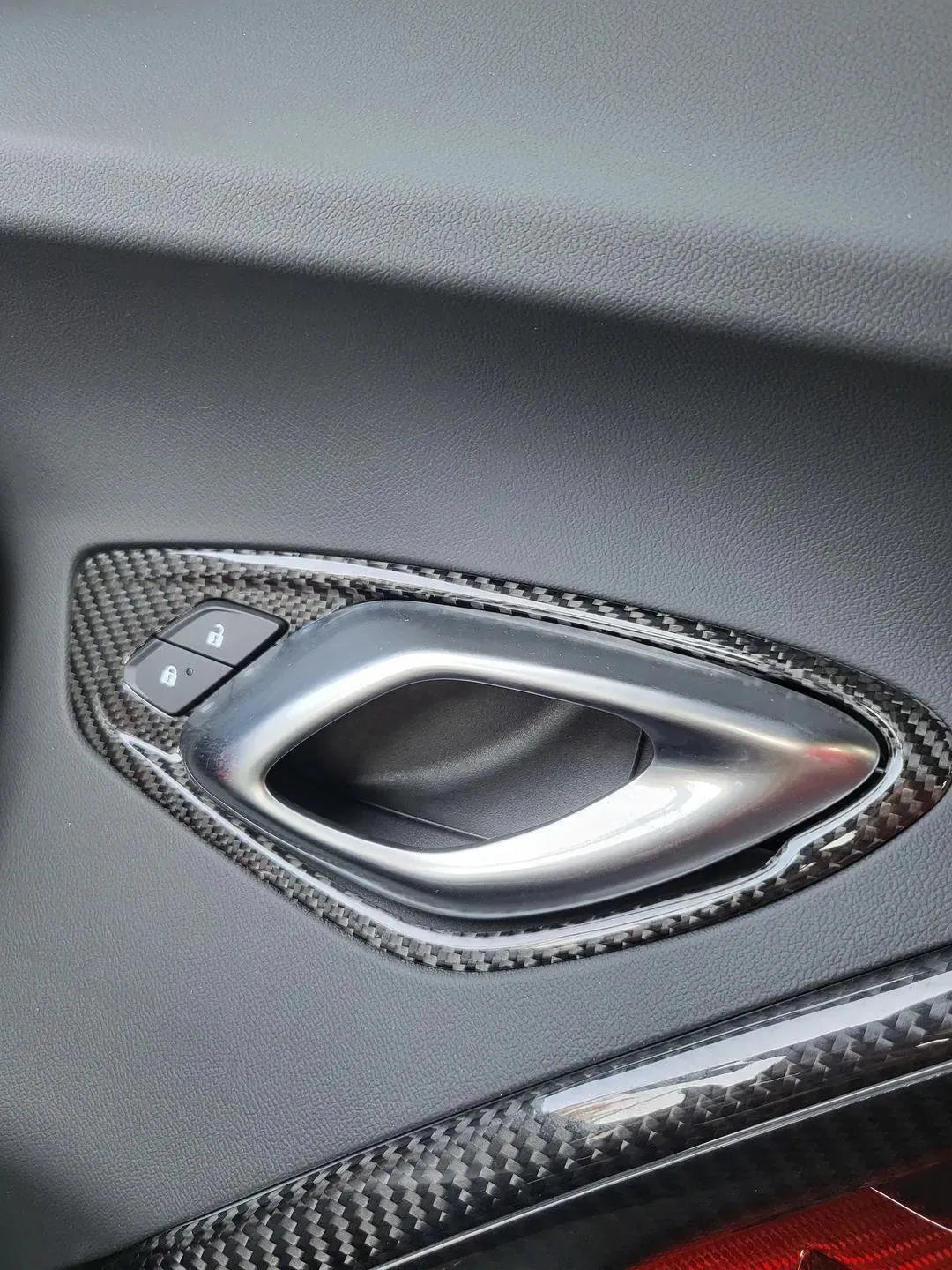 Chevy Camaro 2016-2024 Interior Door Handle Trim Carbon Fiber Cover - carbonaddons Carbon Fiber Parts, Accessories, Upgrades, Mods