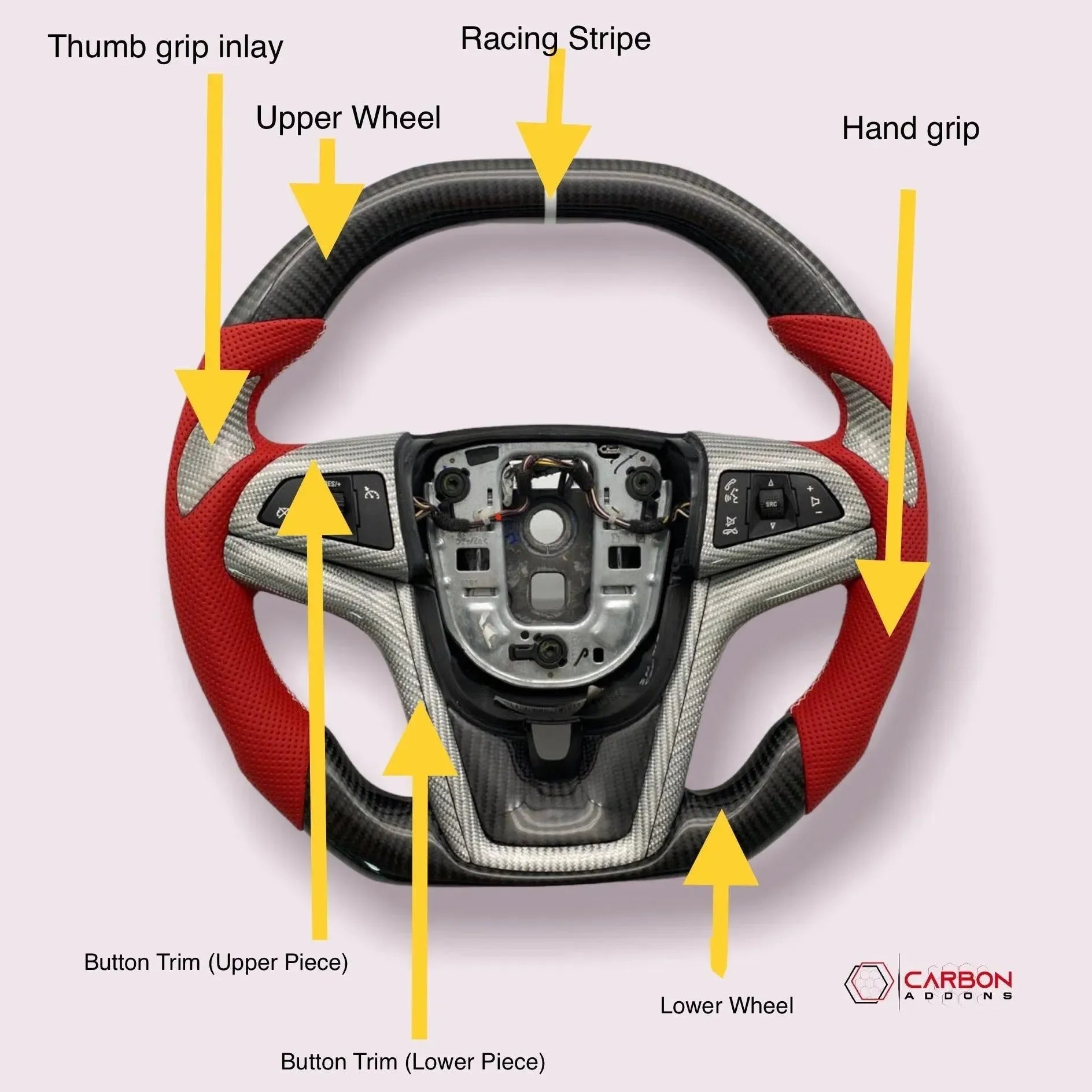 Carbon fiber steering wheel with red hand grips, racing stripe, and thumb grip inlay for American muscle cars