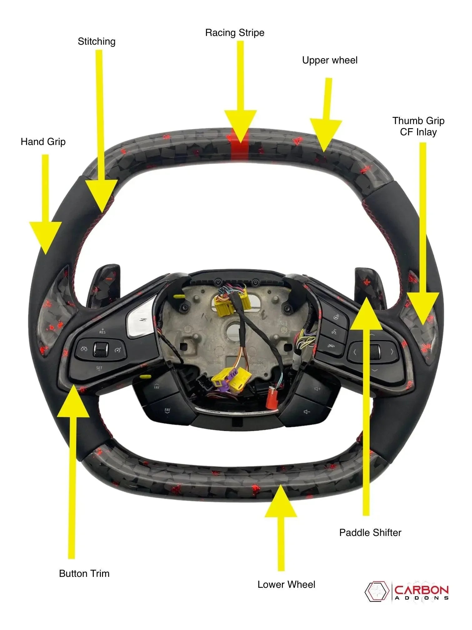 Carbon fiber steering wheel with racing stripe, stitching, and paddle shifters for American vehicles