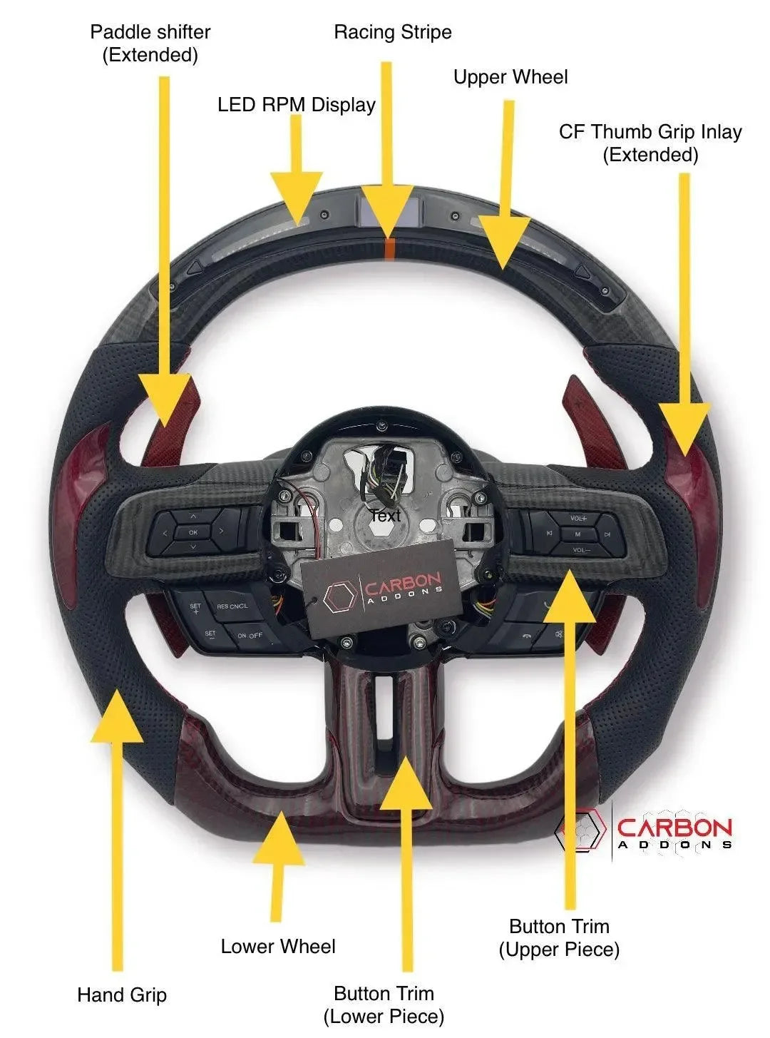Carbon fiber steering wheel with paddle shifters, LED RPM display, and racing stripe for Chevy, Ford, Dodge