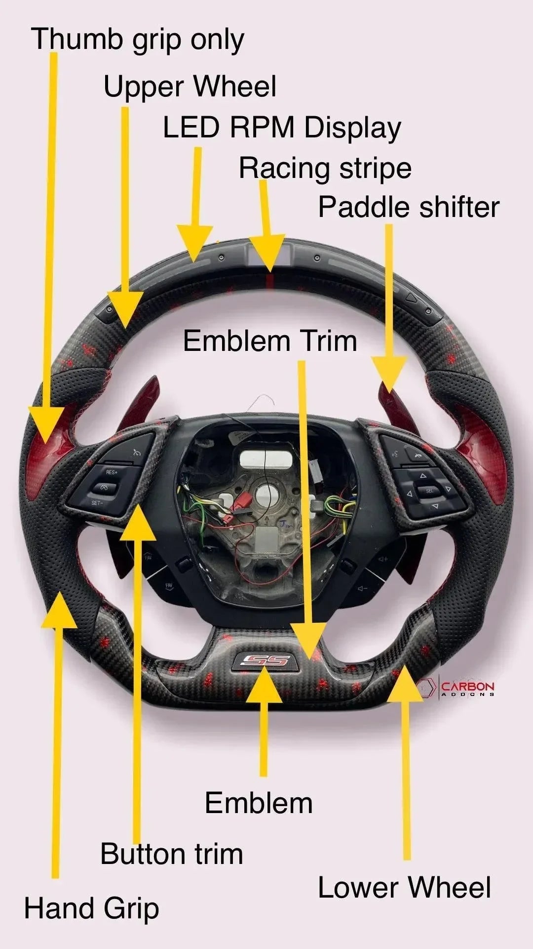 Carbon fiber steering wheel with LED RPM display, paddle shifters, and racing stripe for Chevy Camaro SS