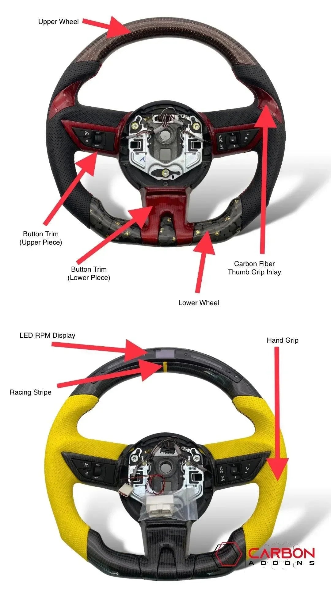 Carbon fiber steering wheel with custom trim, thumb grip inlay, LED RPM display, and racing stripe for American performance vehicles