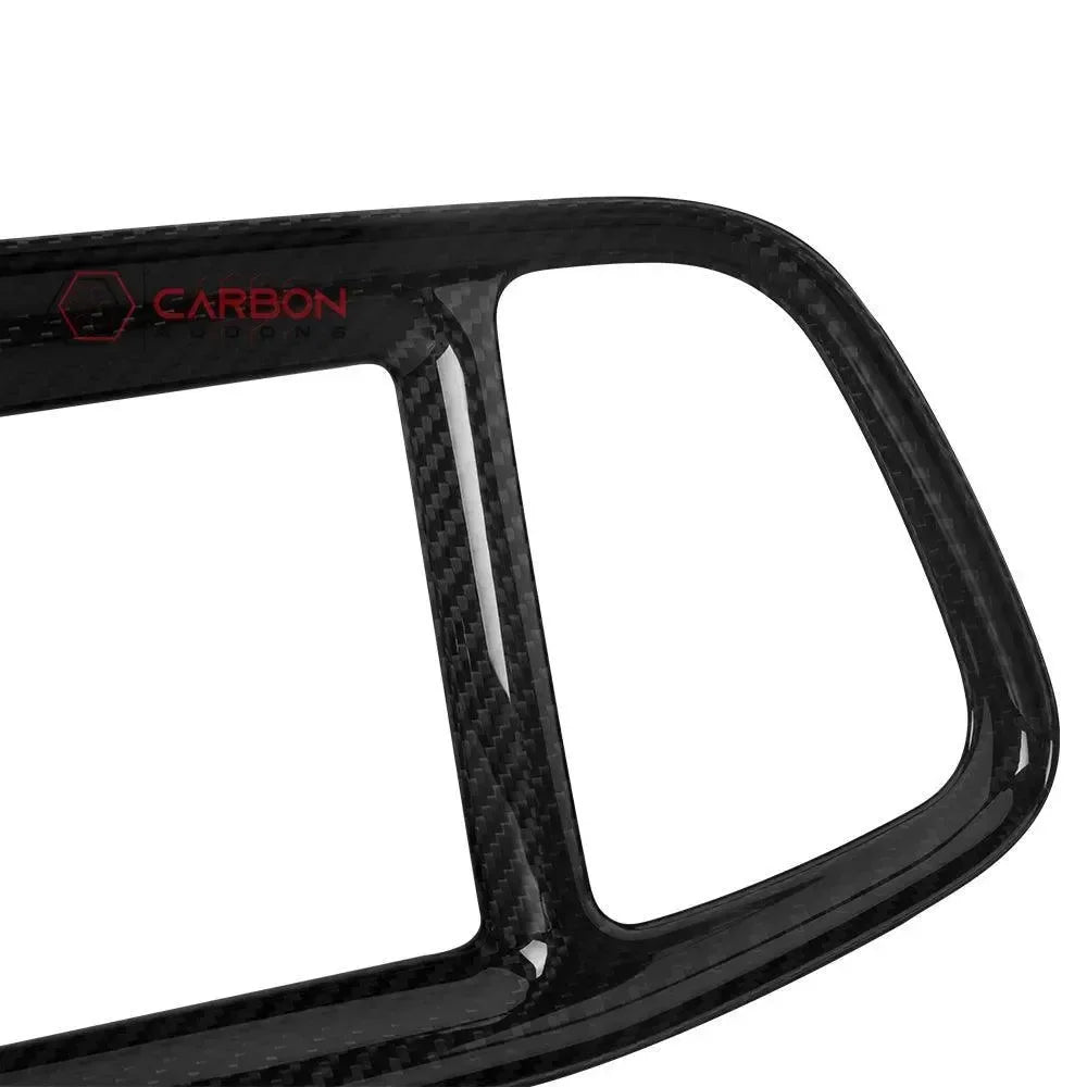 Real carbon fiber trim with glossy finish and red logo, for American vehicle interiors