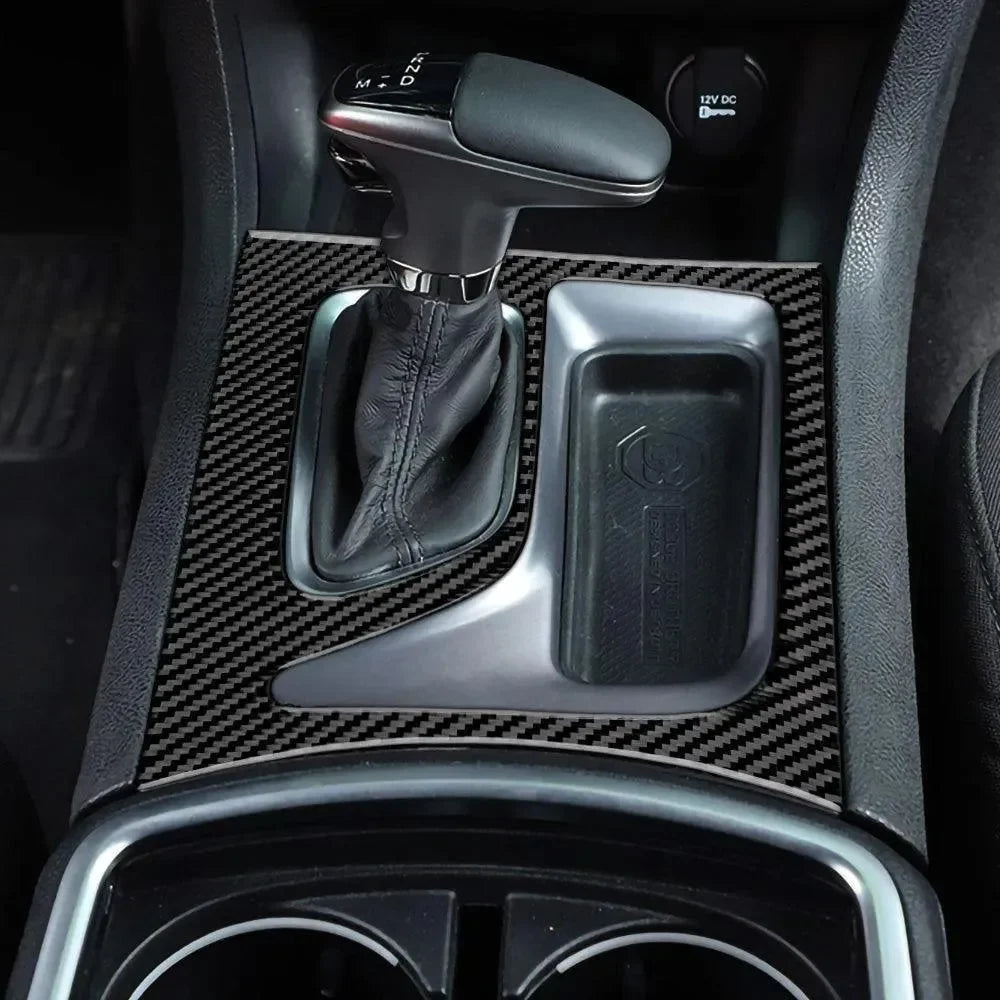 Real carbon fiber center console trim for American vehicles, enhancing gear shifter area with sleek, durable finish.