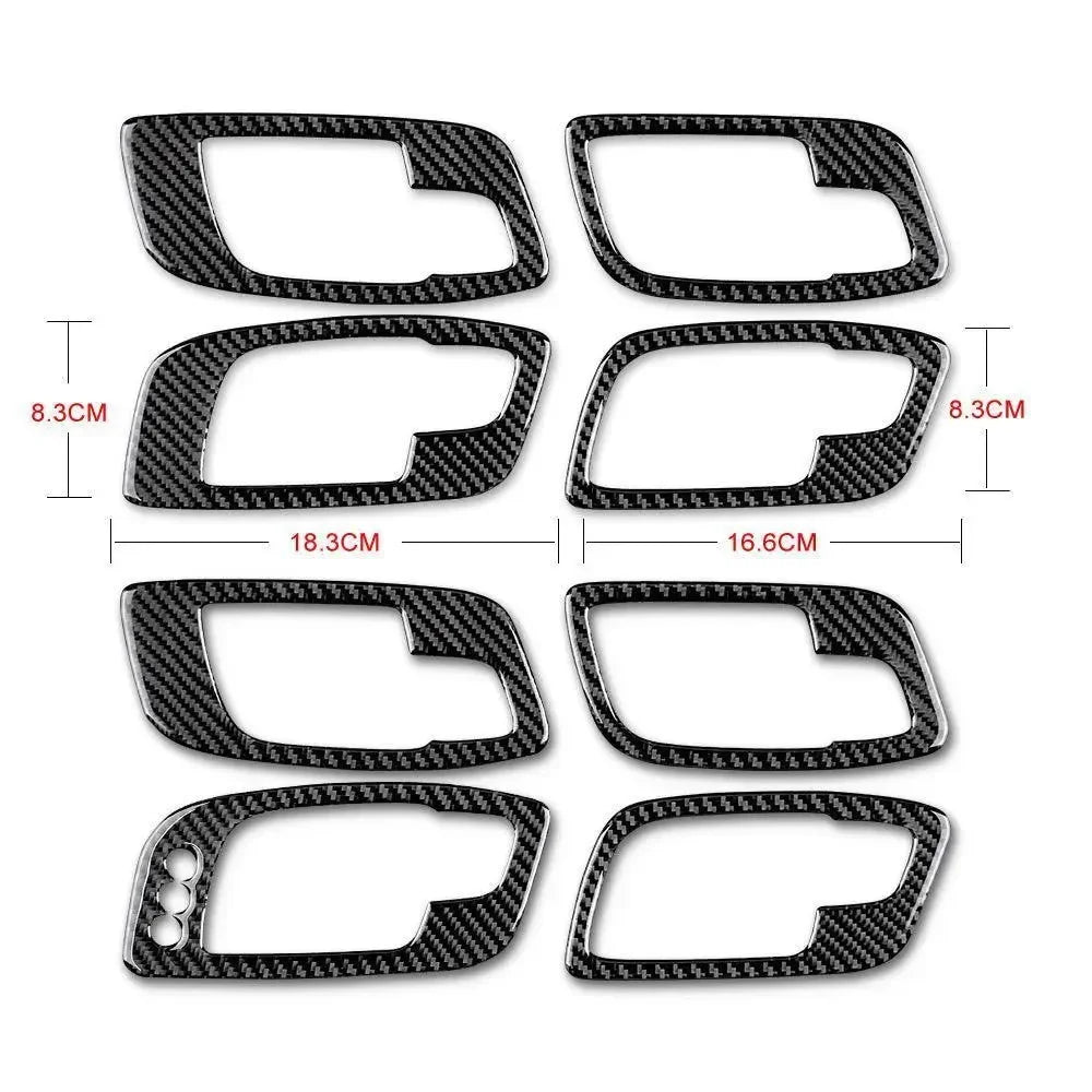 Real carbon fiber trim overlays for car interior accents, precise fit with measured dimensions shown