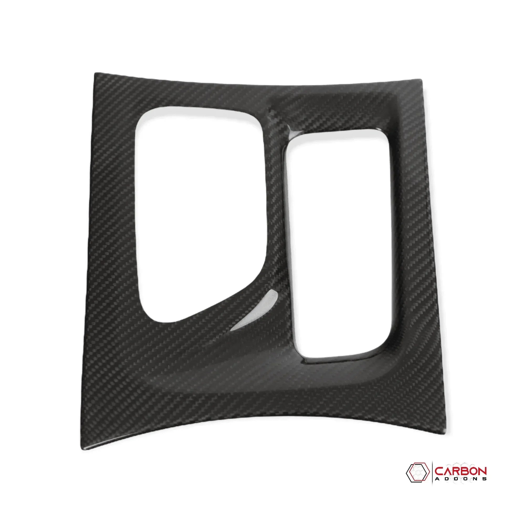 Real carbon fiber interior trim panel for American vehicles, featuring dual cutouts and glossy weave finish.