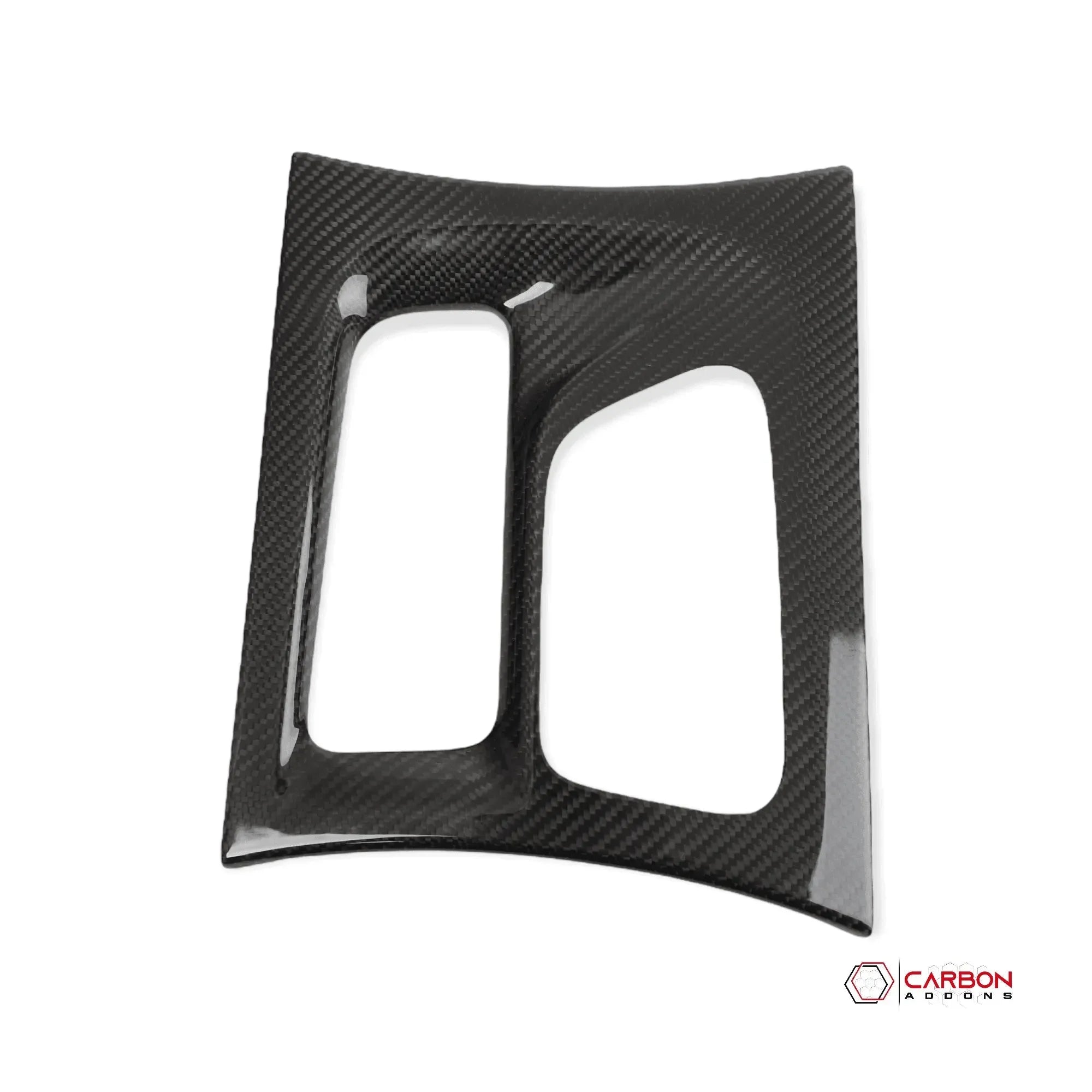 Real carbon fiber interior trim panel for American muscle cars and trucks, featuring dual cutouts and glossy weave finish.