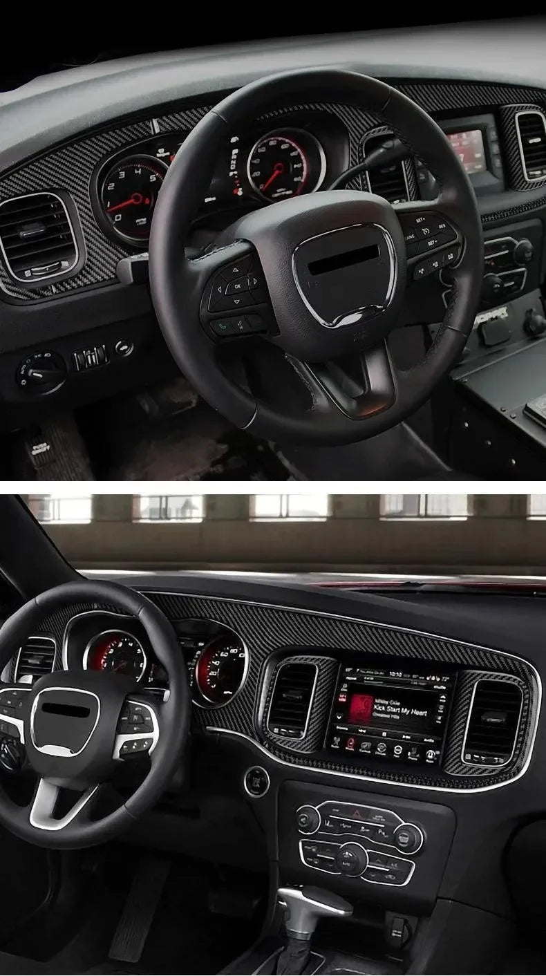 Carbon fiber interior trim for Dodge Charger dashboard and steering wheel, enhancing luxury and performance look