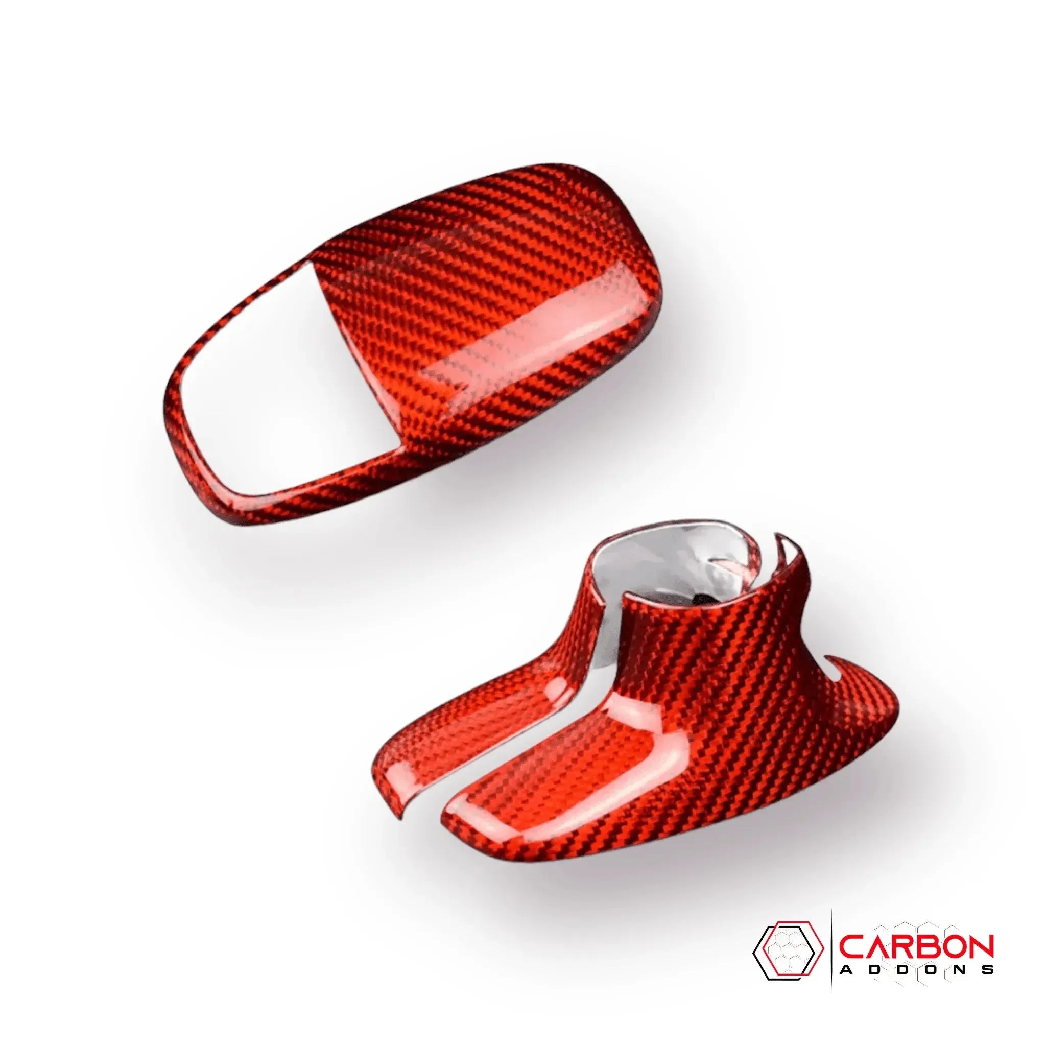 Red carbon fiber mirror caps for American muscle cars, glossy finish, real carbon weave texture