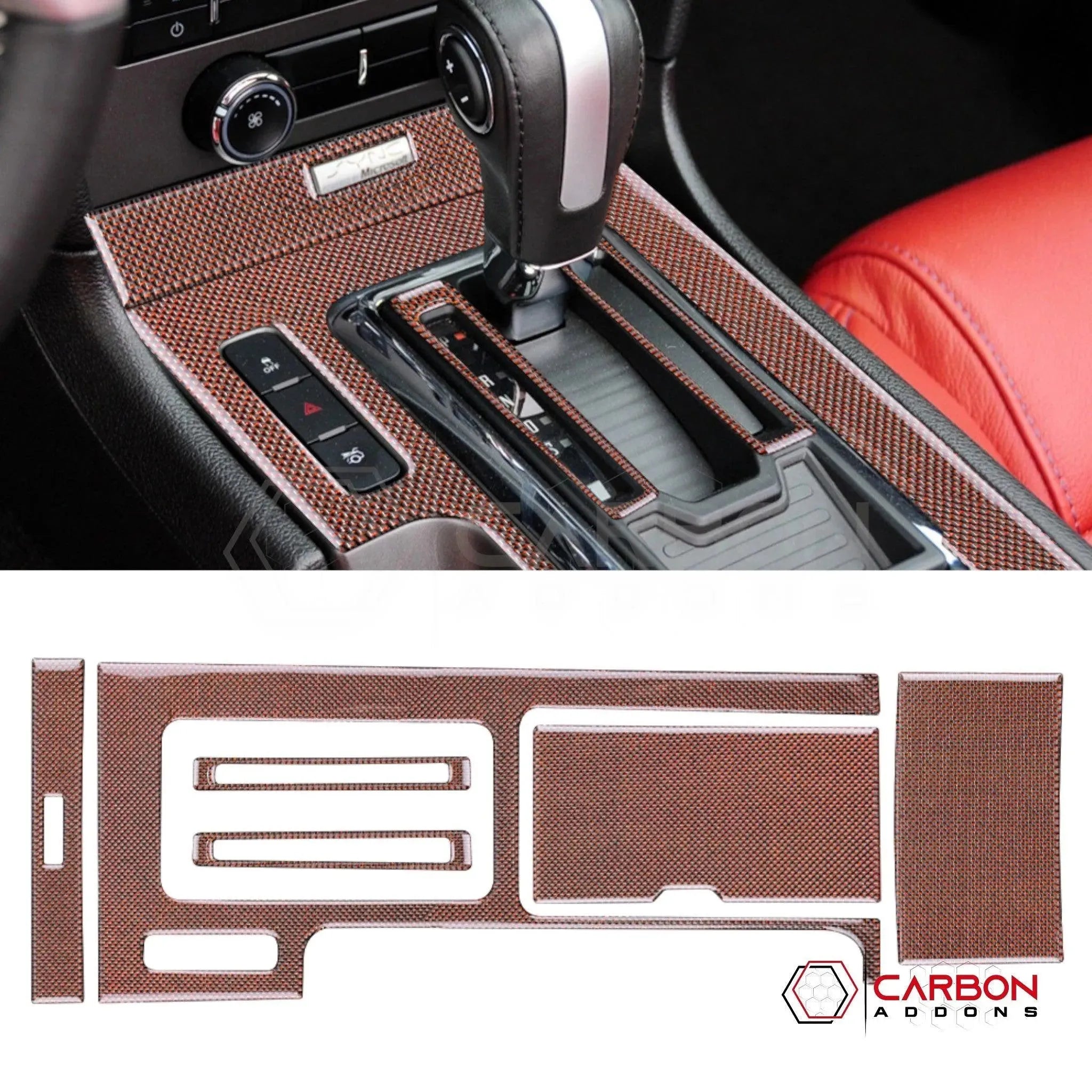 Mustang 2010-2014 Reflective Carbon Fiber Center Console Trim Overlay - carbonaddons Carbon Fiber Parts, Accessories, Upgrades, Mods