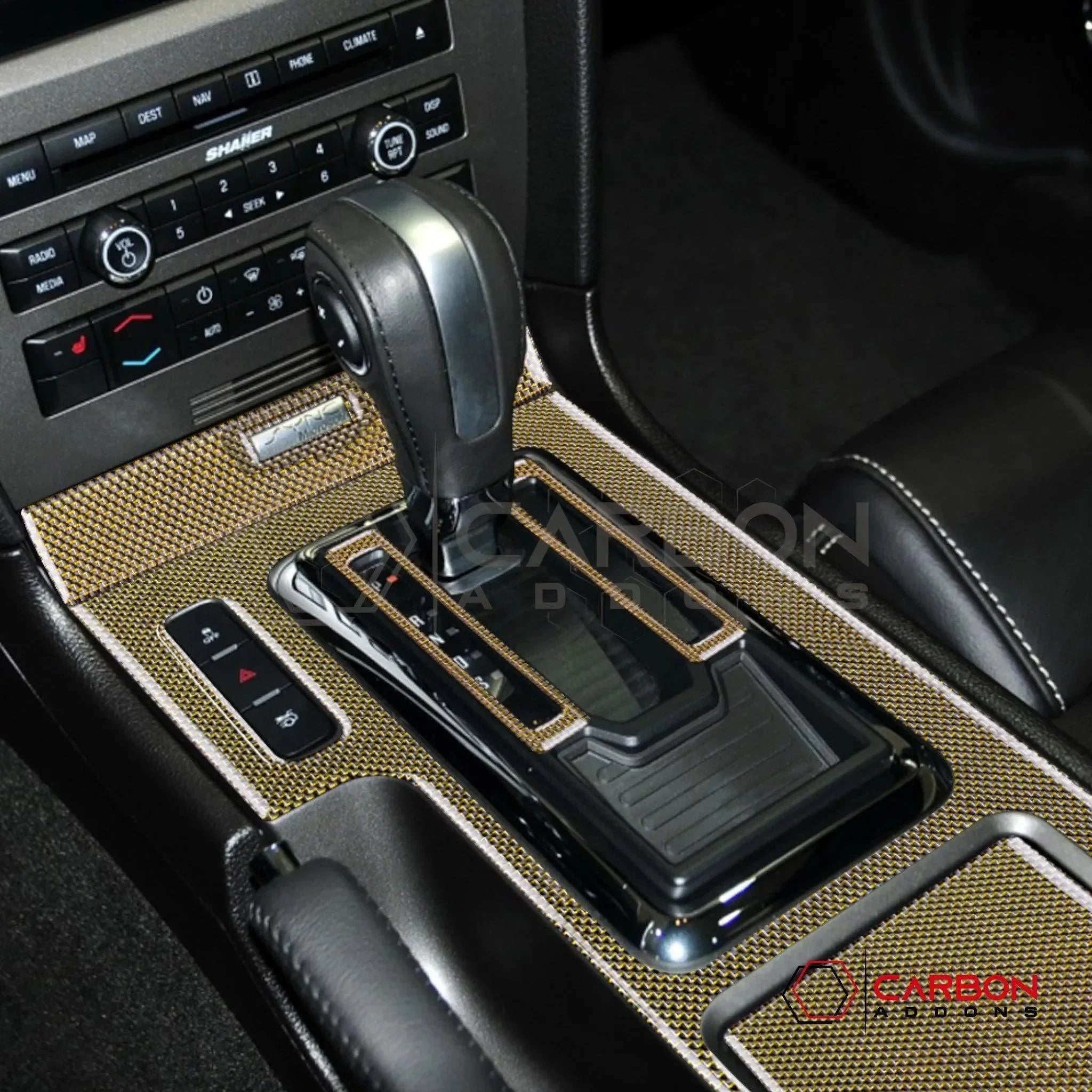 Mustang 2010-2014 Reflective Carbon Fiber Center Console Trim Overlay - carbonaddons Carbon Fiber Parts, Accessories, Upgrades, Mods