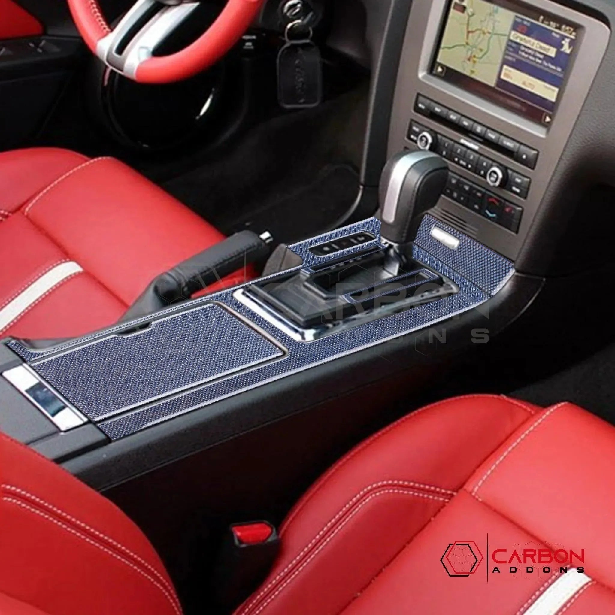 Mustang 2010-2014 Reflective Carbon Fiber Center Console Trim Overlay - carbonaddons Carbon Fiber Parts, Accessories, Upgrades, Mods