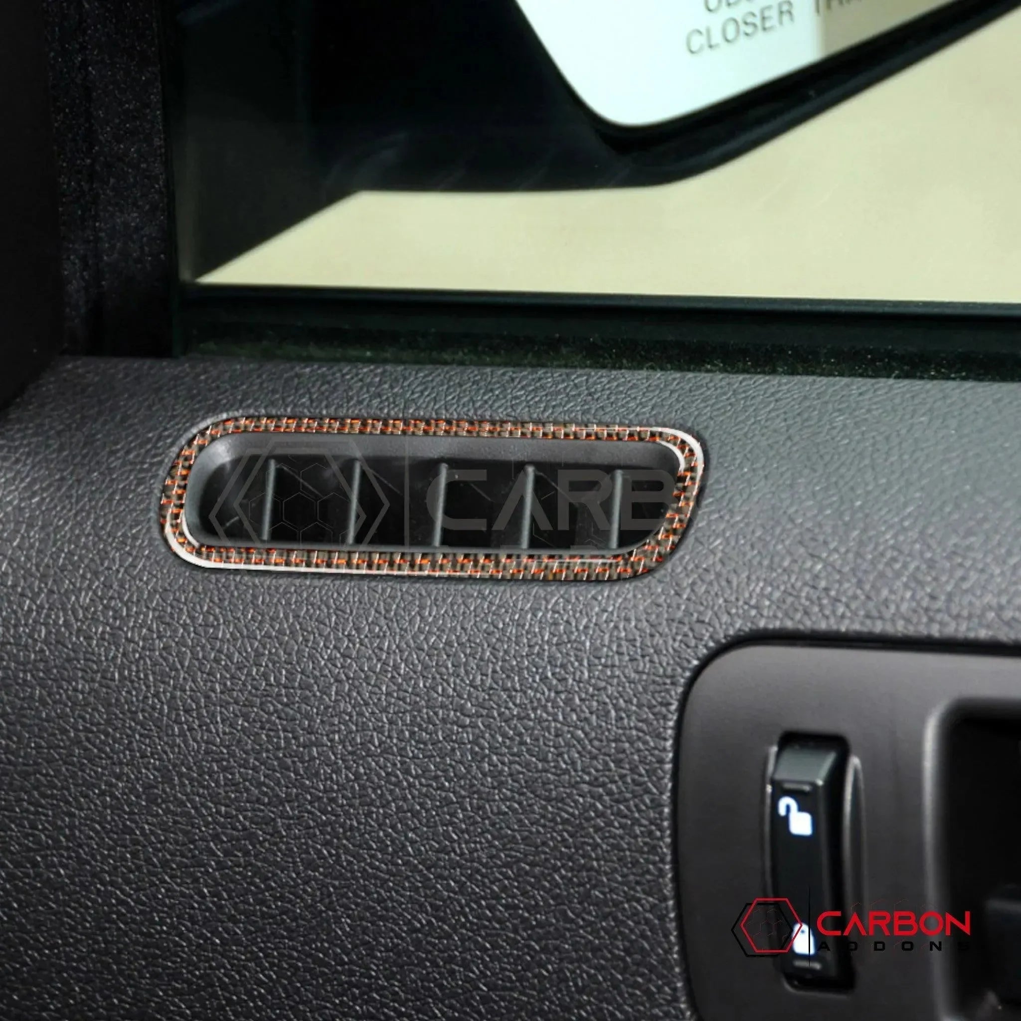 Mustang 2010-2014 Reflective Carbon Fiber Door AC Vent Trim Overlay - carbonaddons Carbon Fiber Parts, Accessories, Upgrades, Mods