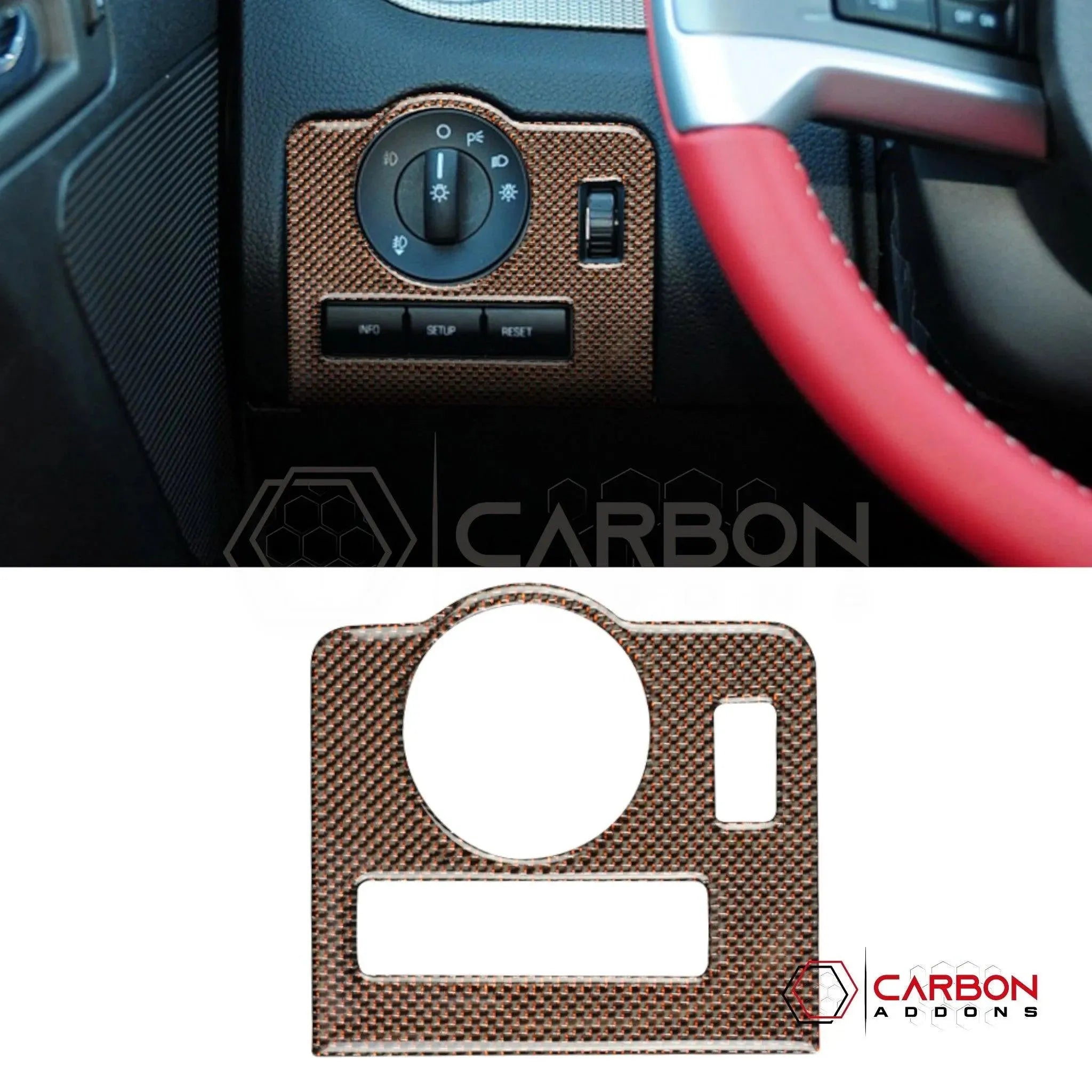 Mustang 2010-2014 Reflective Carbon Fiber Headlight Control Trim Overlay - carbonaddons Carbon Fiber Parts, Accessories, Upgrades, Mods