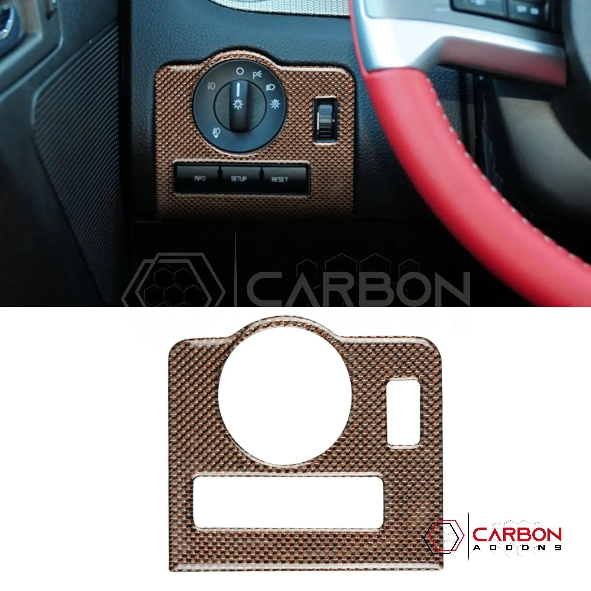 Mustang 2010-2014 Reflective Carbon Fiber Headlight Control Trim Overlay - carbonaddons Carbon Fiber Parts, Accessories, Upgrades, Mods