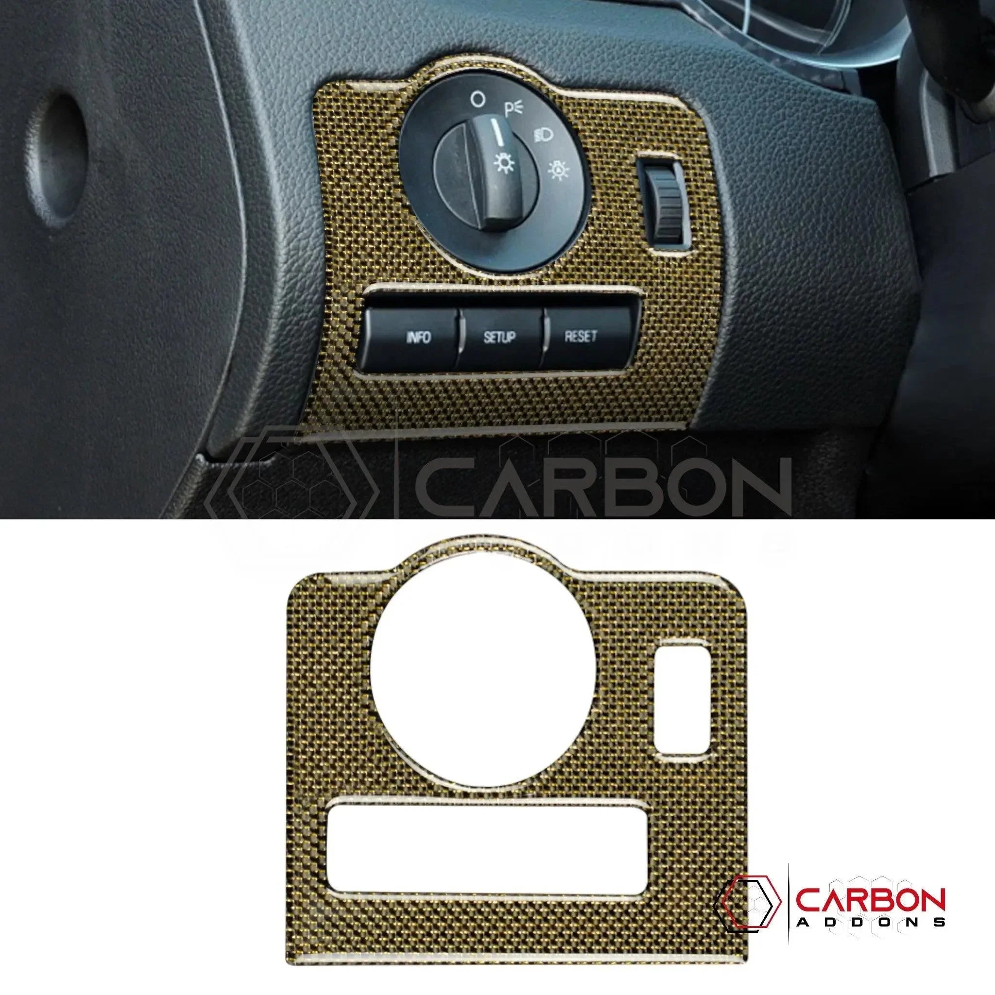 Mustang 2010-2014 Reflective Carbon Fiber Headlight Control Trim Overlay - carbonaddons Carbon Fiber Parts, Accessories, Upgrades, Mods