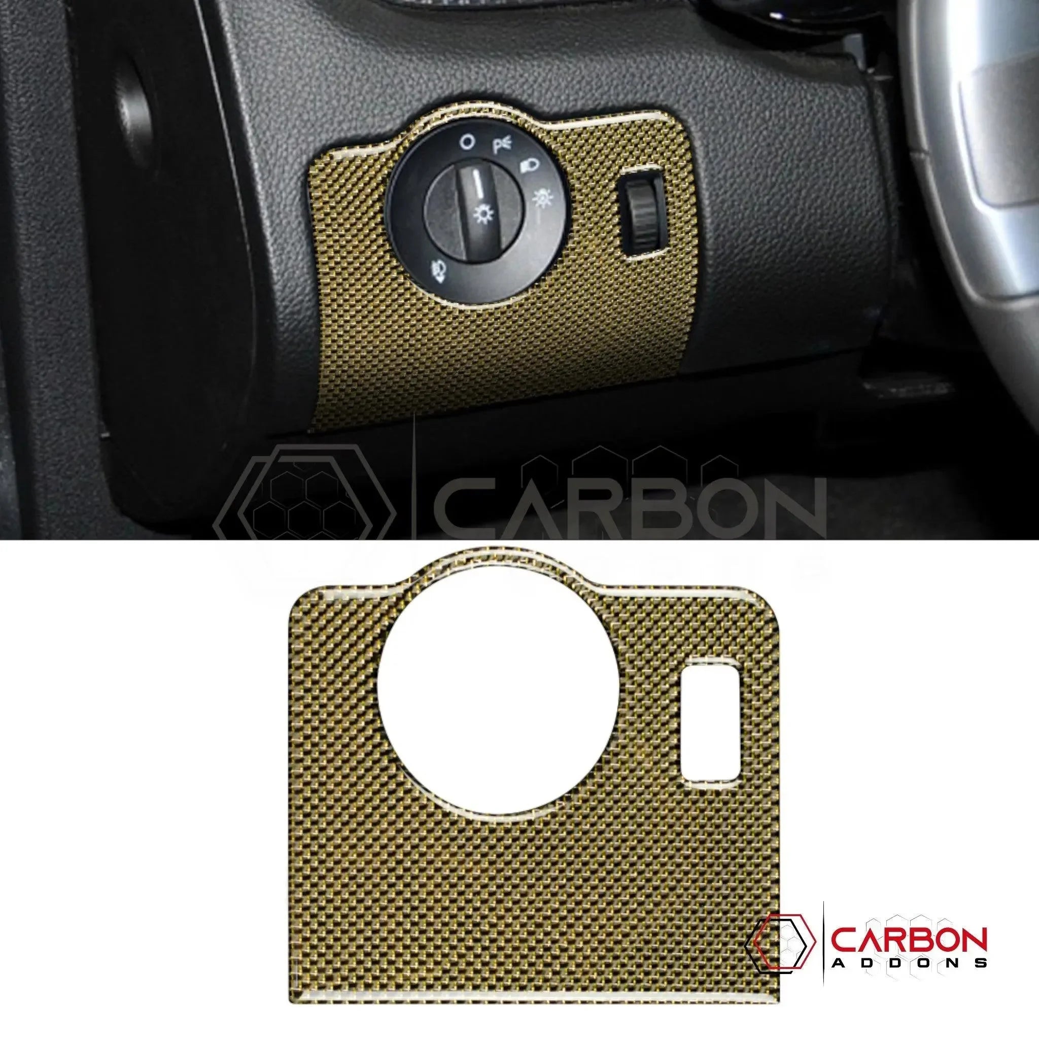 Mustang 2010-2014 Reflective Carbon Fiber Headlight Control Trim Overlay - carbonaddons Carbon Fiber Parts, Accessories, Upgrades, Mods