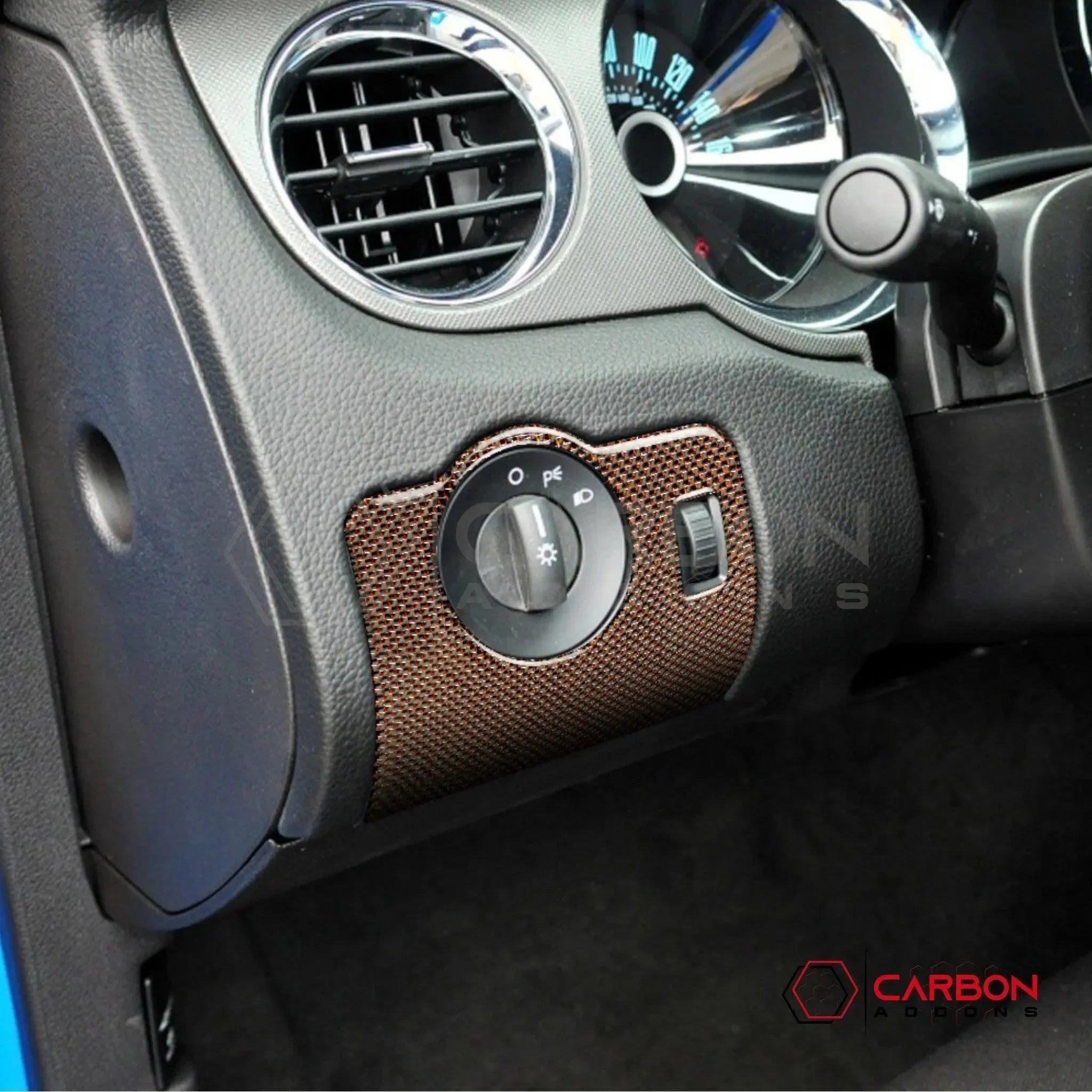 Mustang 2010-2014 Reflective Carbon Fiber Headlight Control Trim Overlay - carbonaddons Carbon Fiber Parts, Accessories, Upgrades, Mods