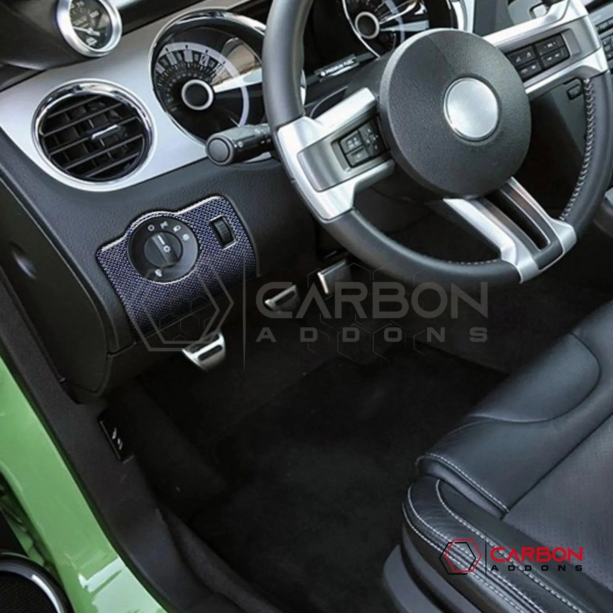 Mustang 2010-2014 Reflective Carbon Fiber Headlight Control Trim Overlay - carbonaddons Carbon Fiber Parts, Accessories, Upgrades, Mods