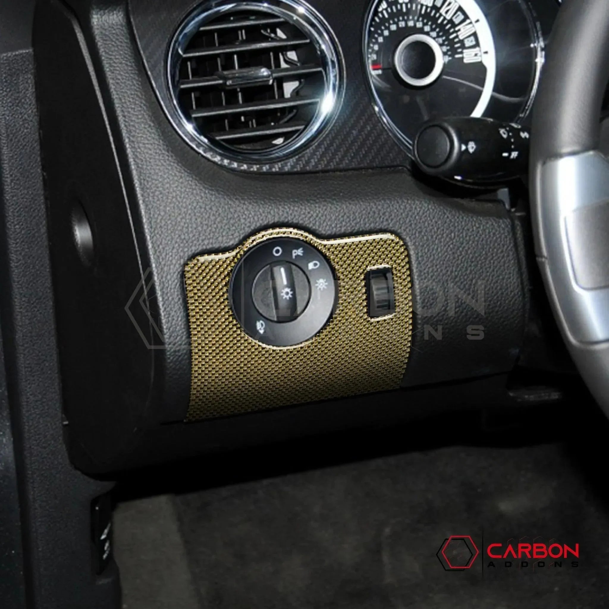 Mustang 2010-2014 Reflective Carbon Fiber Headlight Control Trim Overlay - carbonaddons Carbon Fiber Parts, Accessories, Upgrades, Mods