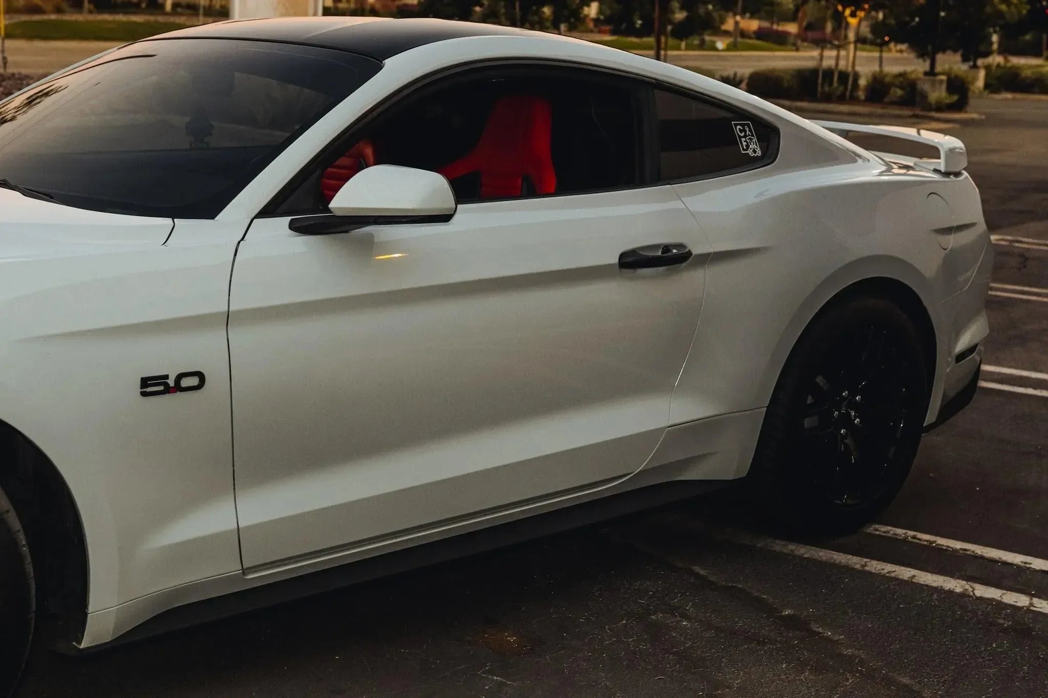 White Ford Mustang 5.0 with red interior and black wheels parked outdoors