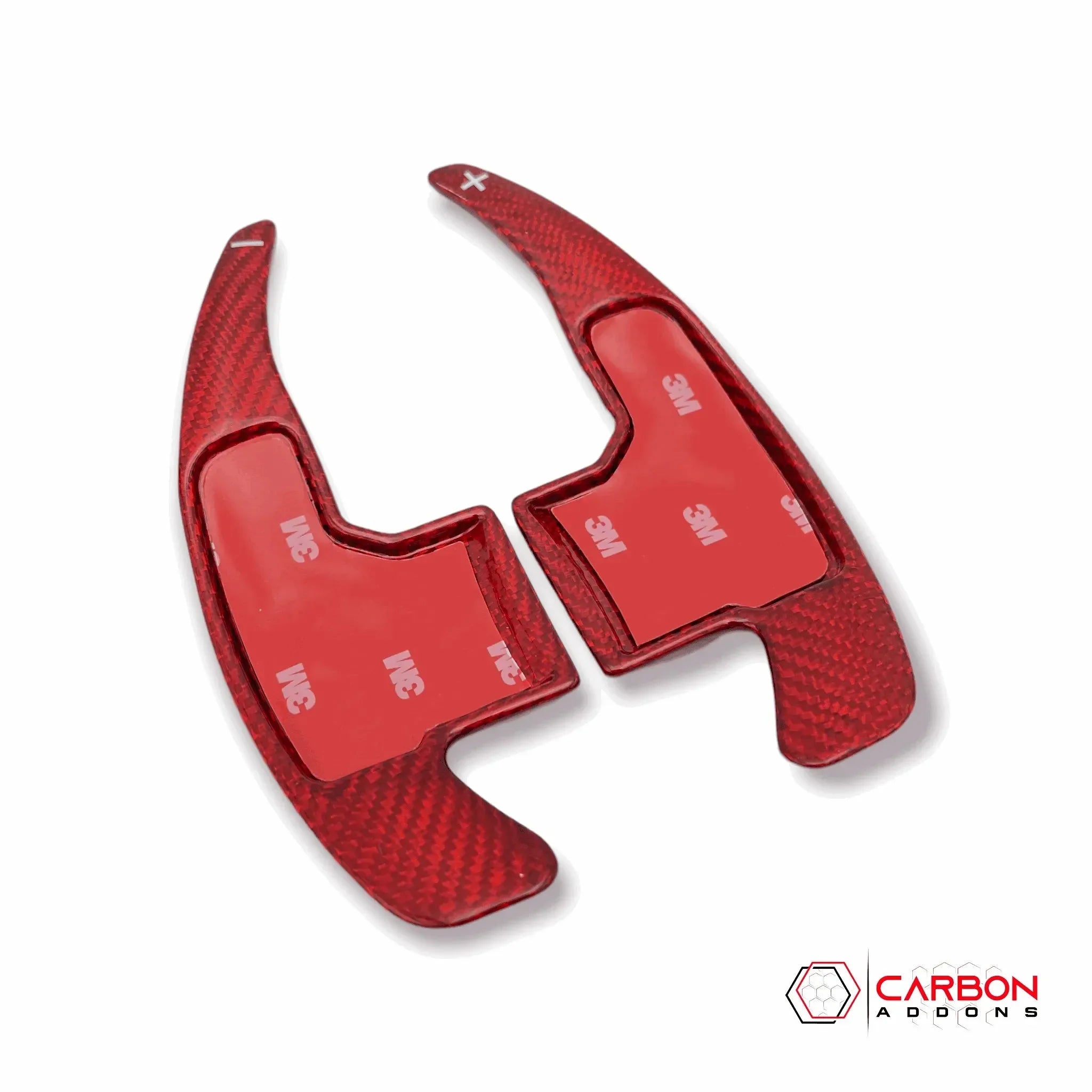 Red carbon fiber paddle shifters for Chevy Camaro, Corvette, Mustang, Charger, Challenger, F150, Bronco, Raptor, Durango, RAM TRX