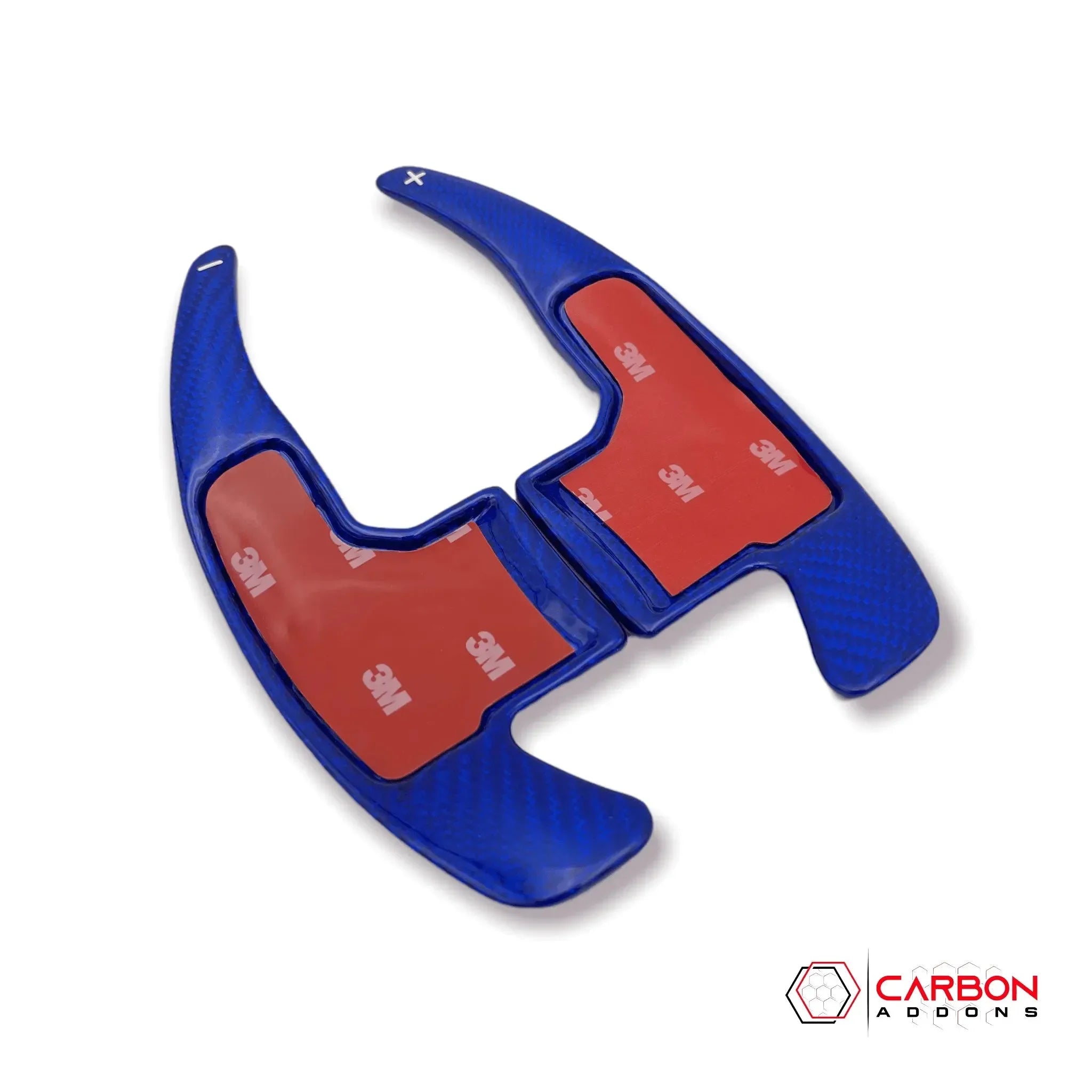 Blue carbon fiber paddle shifters with 3M adhesive for American muscle cars