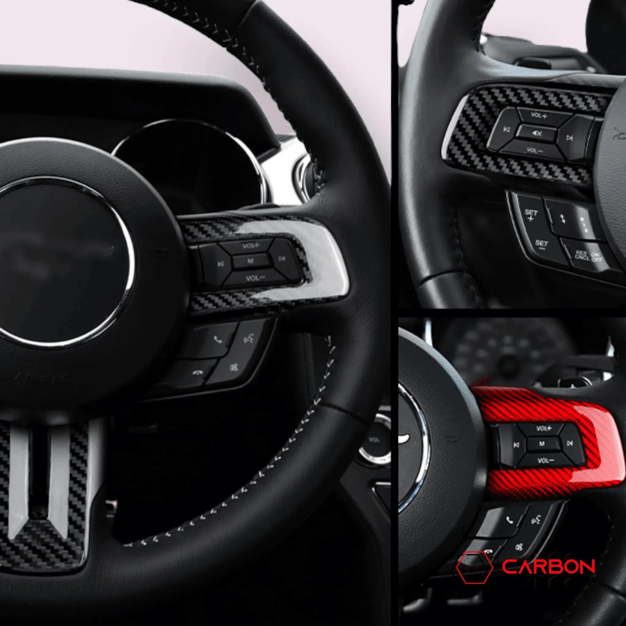 Mustang 2015-2023 Carbon Fiber Steering Wheel Chrome Delete Cover - carbonaddons Carbon Fiber Parts, Accessories, Upgrades, Mods