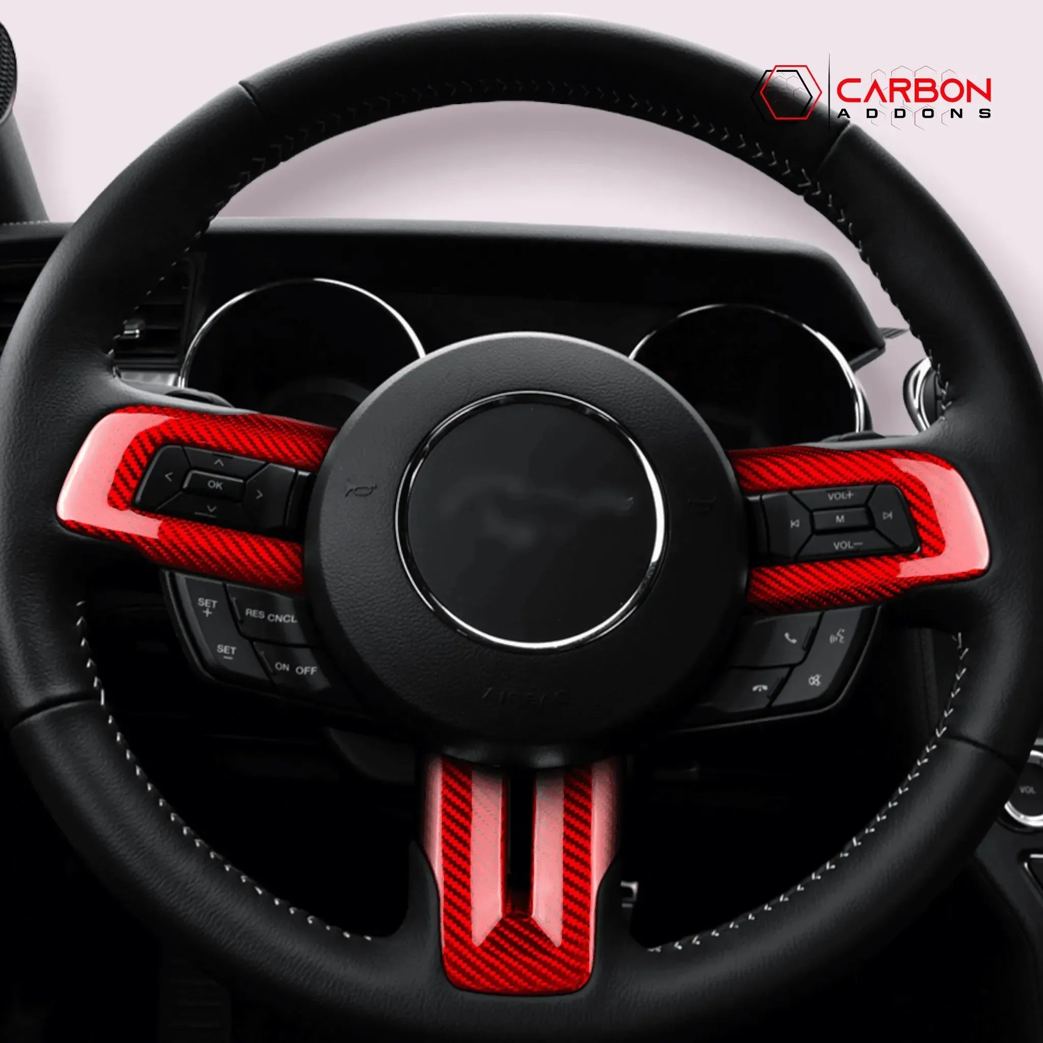 Red carbon fiber steering wheel trim for Ford Mustang, enhancing interior with real carbon fiber accents.