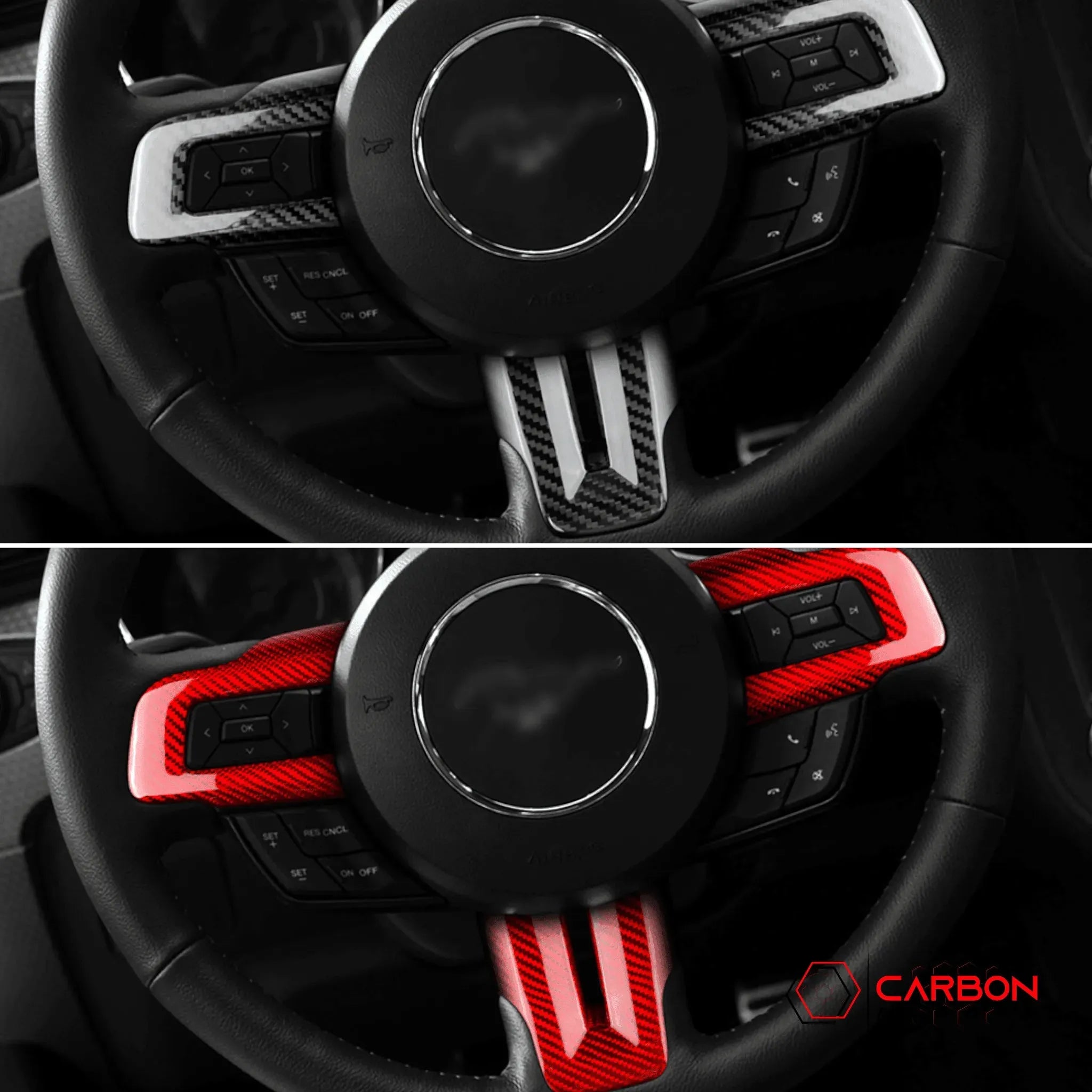 Mustang 2015-2023 Carbon Fiber Steering Wheel Chrome Delete Cover - carbonaddons Carbon Fiber Parts, Accessories, Upgrades, Mods