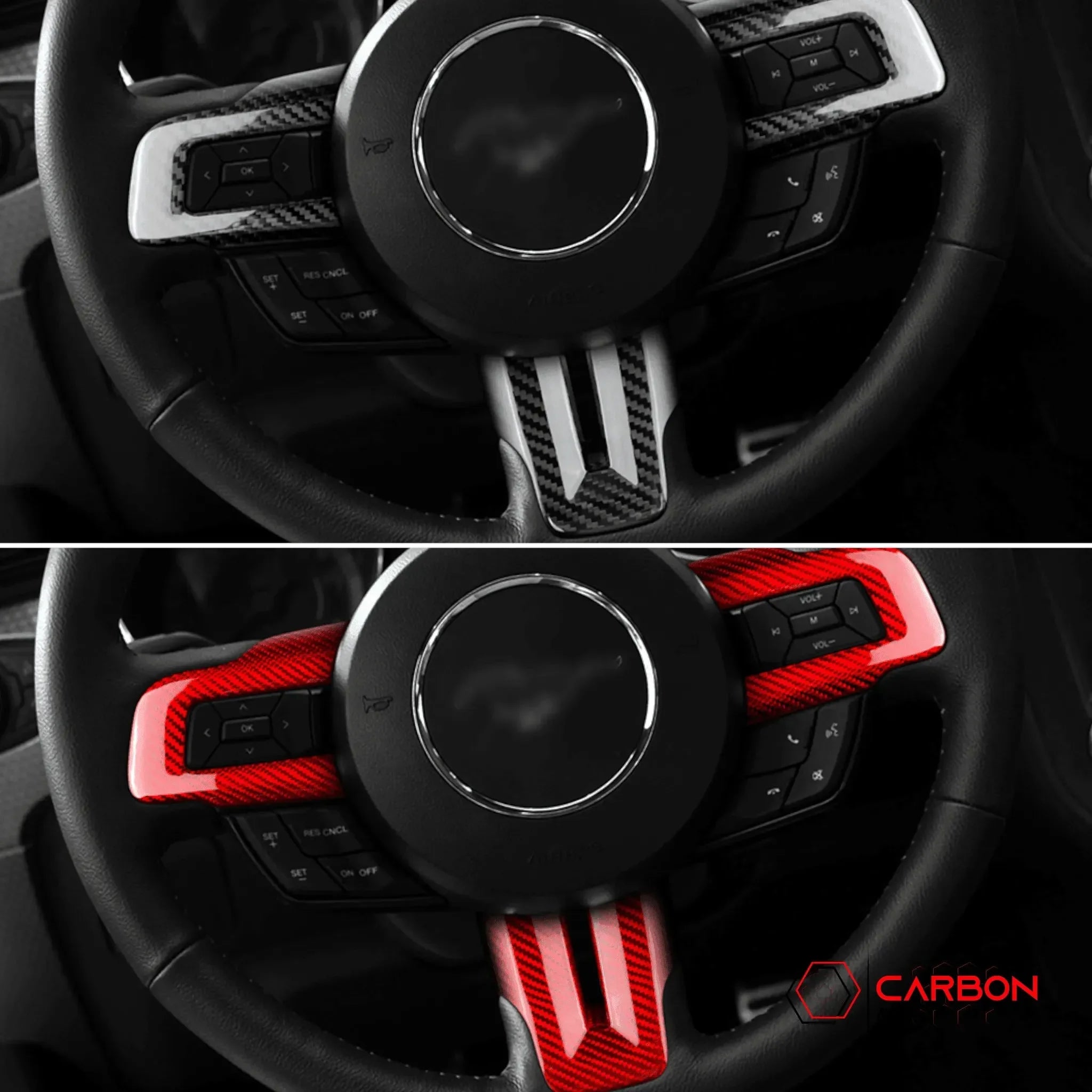 Mustang 2015-2023 Carbon Fiber Steering Wheel Chrome Delete Cover - carbonaddons Carbon Fiber Parts, Accessories, Upgrades, Mods