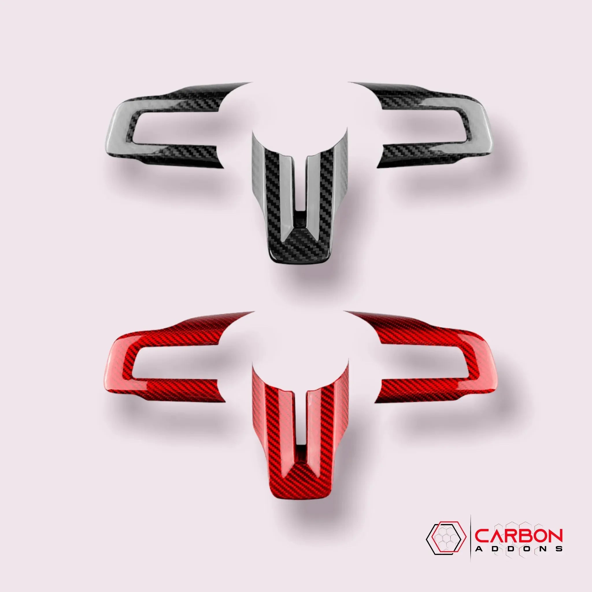 Real carbon fiber Chevy bowtie emblems in black and red for Camaro, Corvette, Mustang, F150, Bronco, Raptor, Charger, Challenger